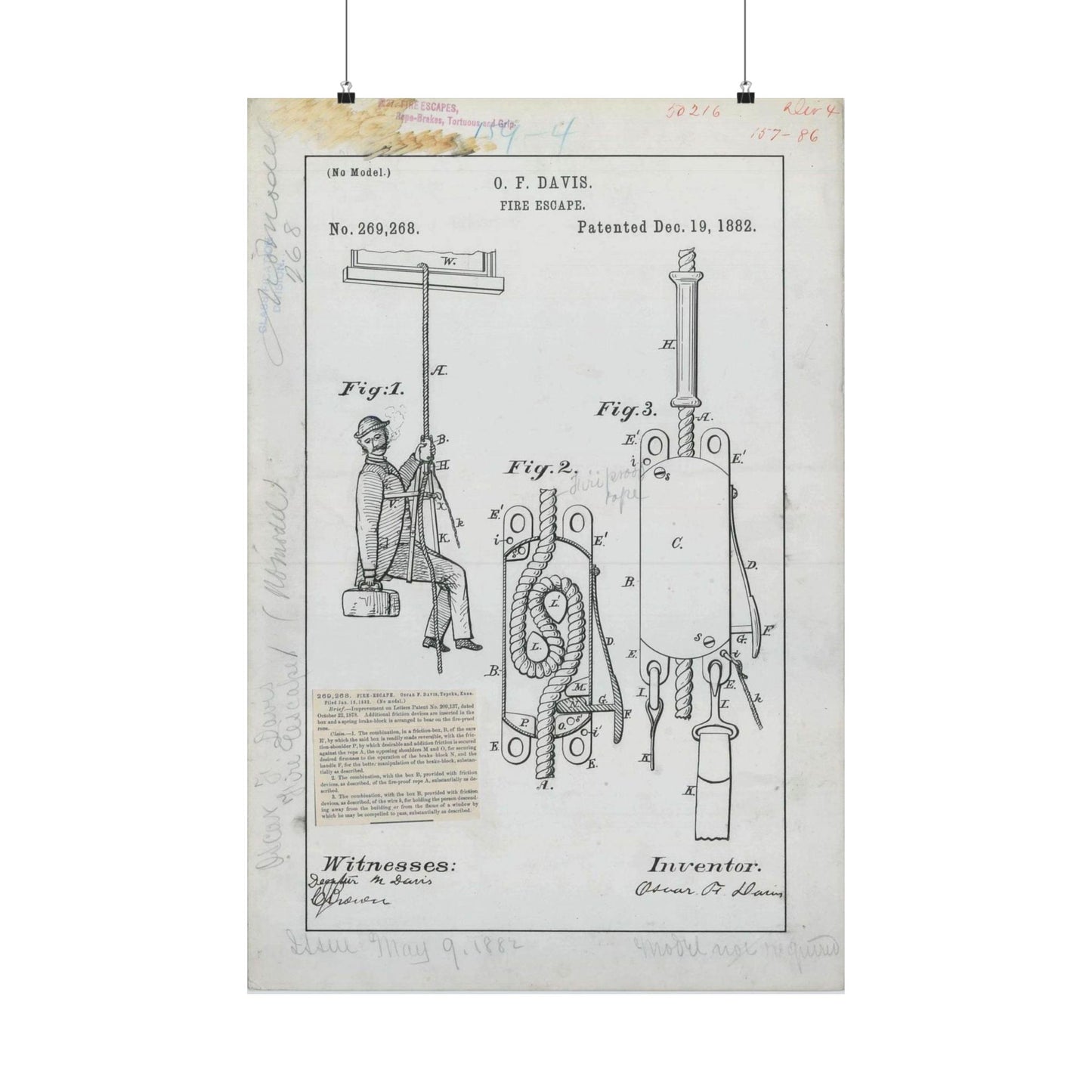 Patent Drawing of Engine - for O. F. Davis' Fire Escape Public domain image High Quality Matte Wall Art Poster for Home, Office, Classroom