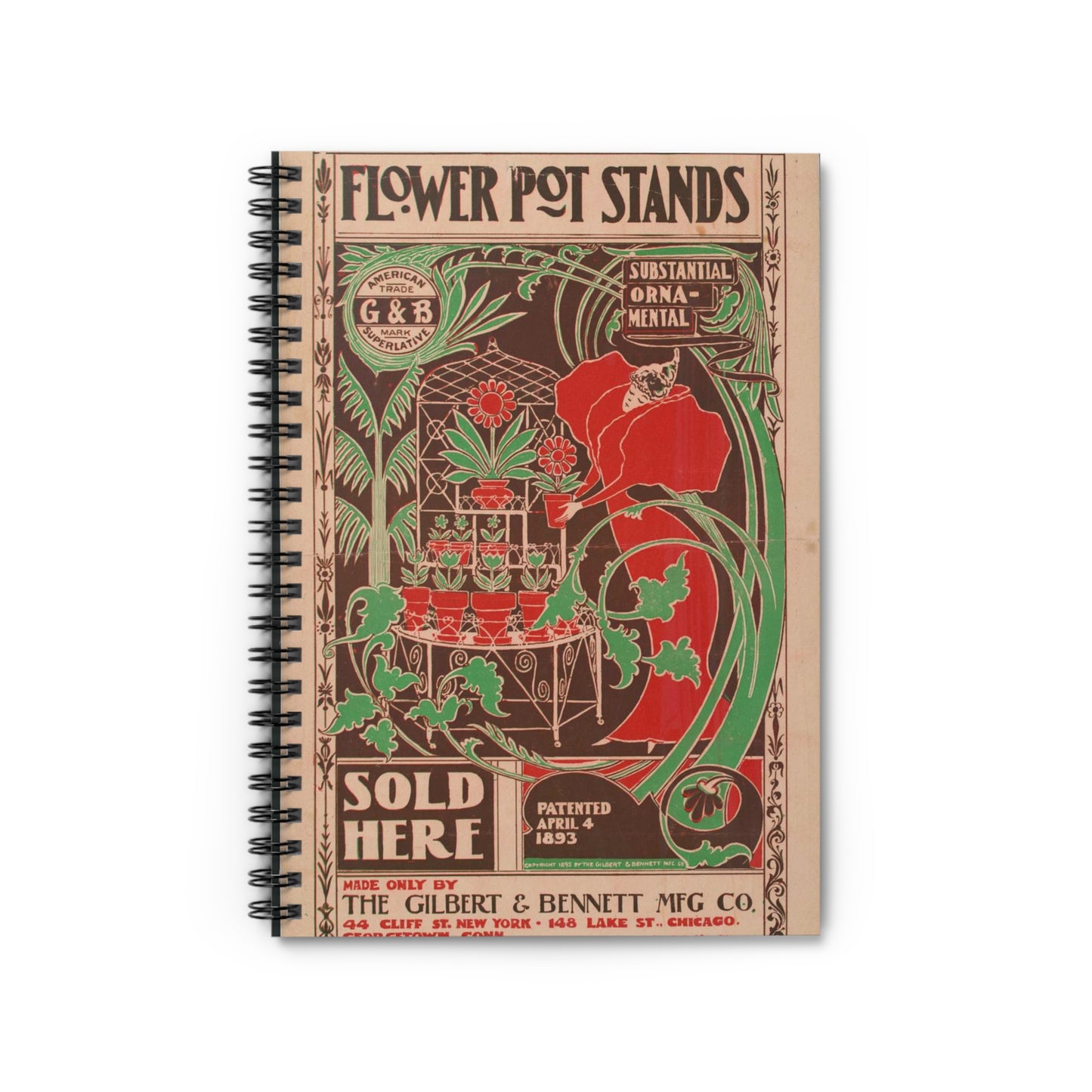 Flower pot stands sold here - Public domain engraving Spiral Bound Ruled Notebook with Printed Cover