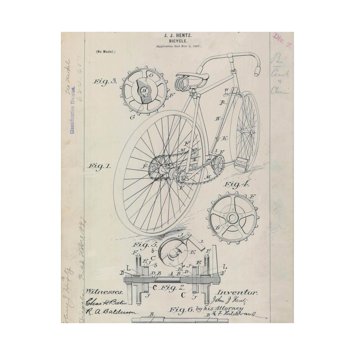 Patent drawing - for J. J. Hentz' Bicycle Public domain image High Quality Matte Wall Art Poster for Home, Office, Classroom