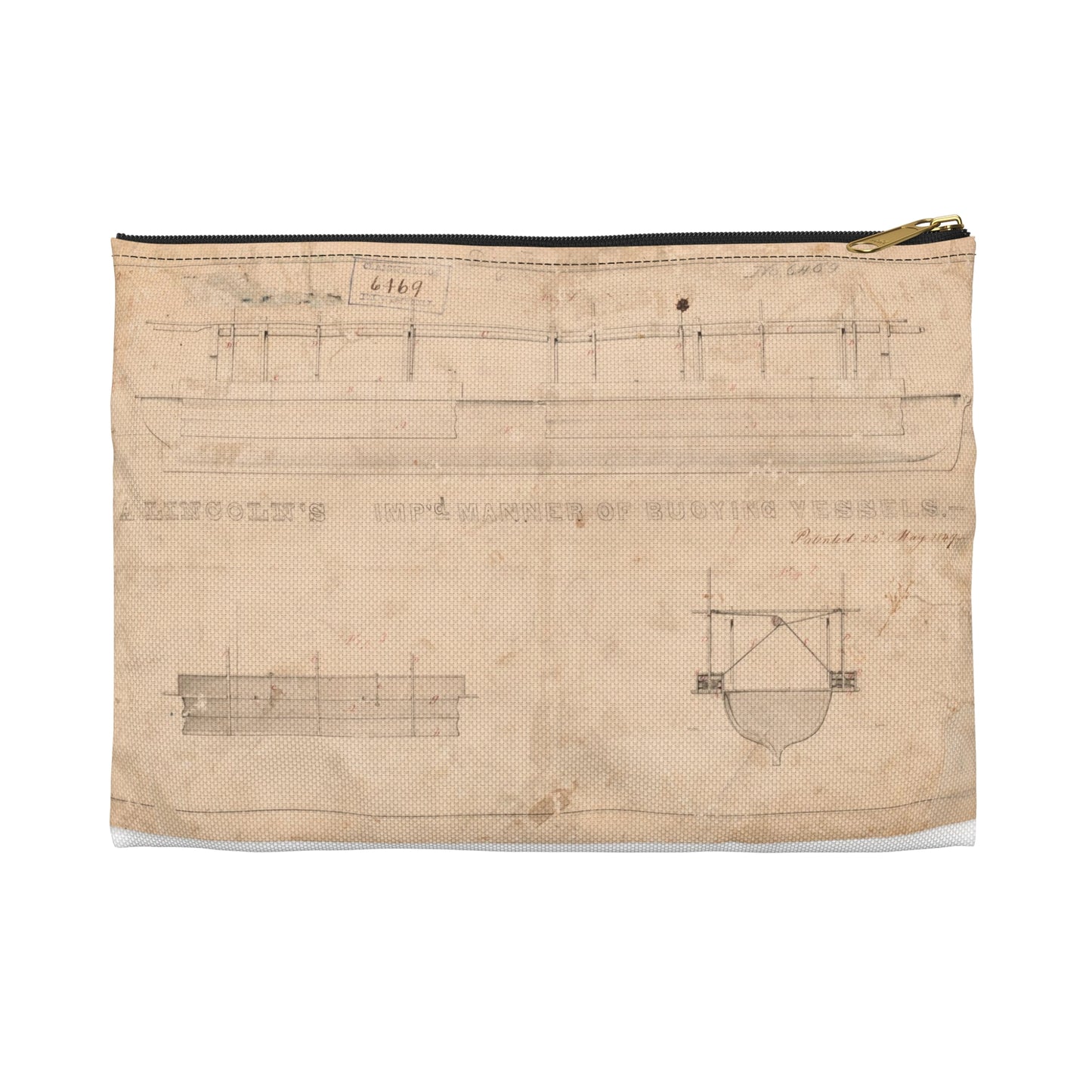 Patent drawing - Abraham Lincoln's for Improved Manner of Buoying Vessels Public domain image Large Organizer Pouch with Black Zipper