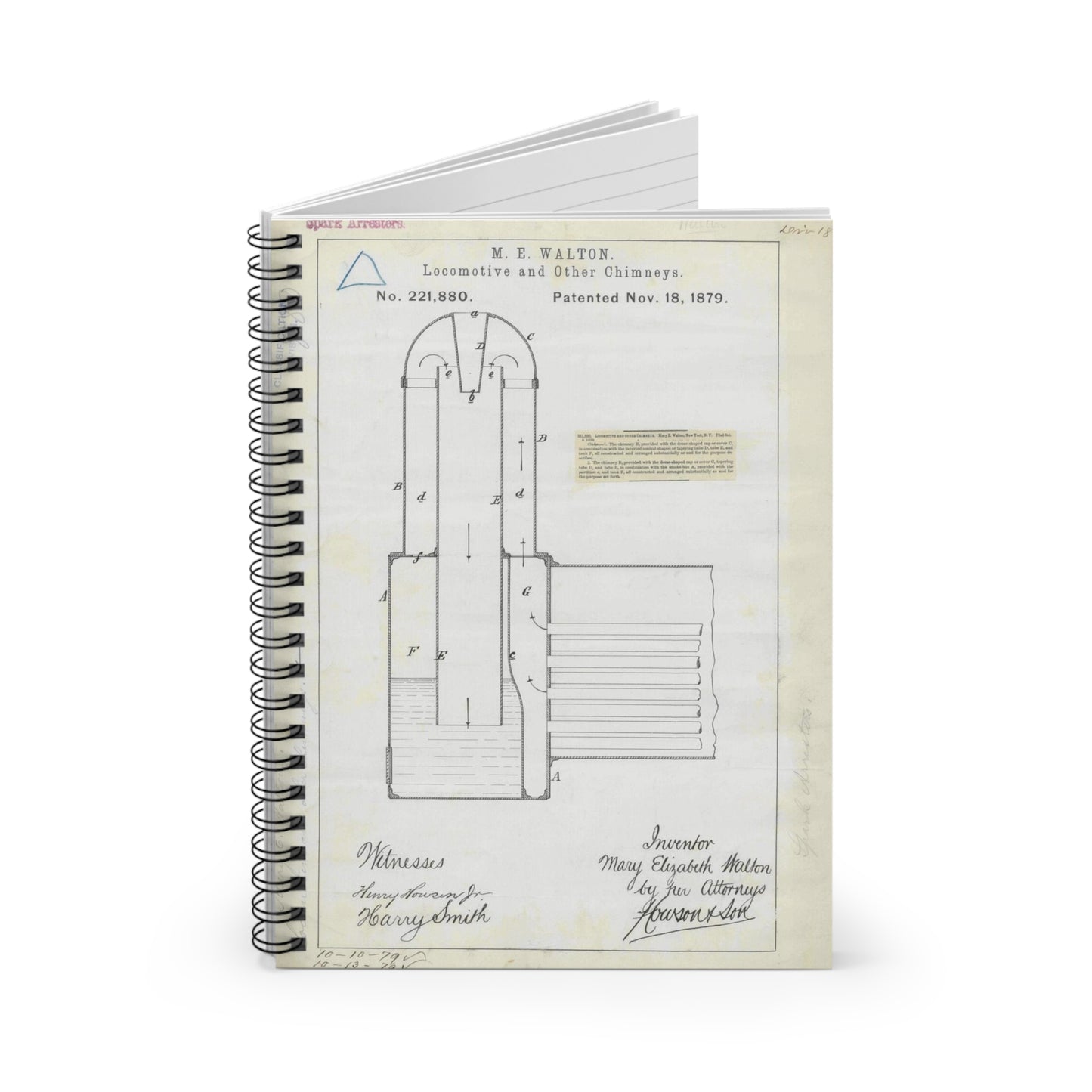 Patent Drawing of Engine - for M. E. Walton's Locomotive and Other Chimneys Public domain image Spiral Bound Ruled Notebook with Printed Cover