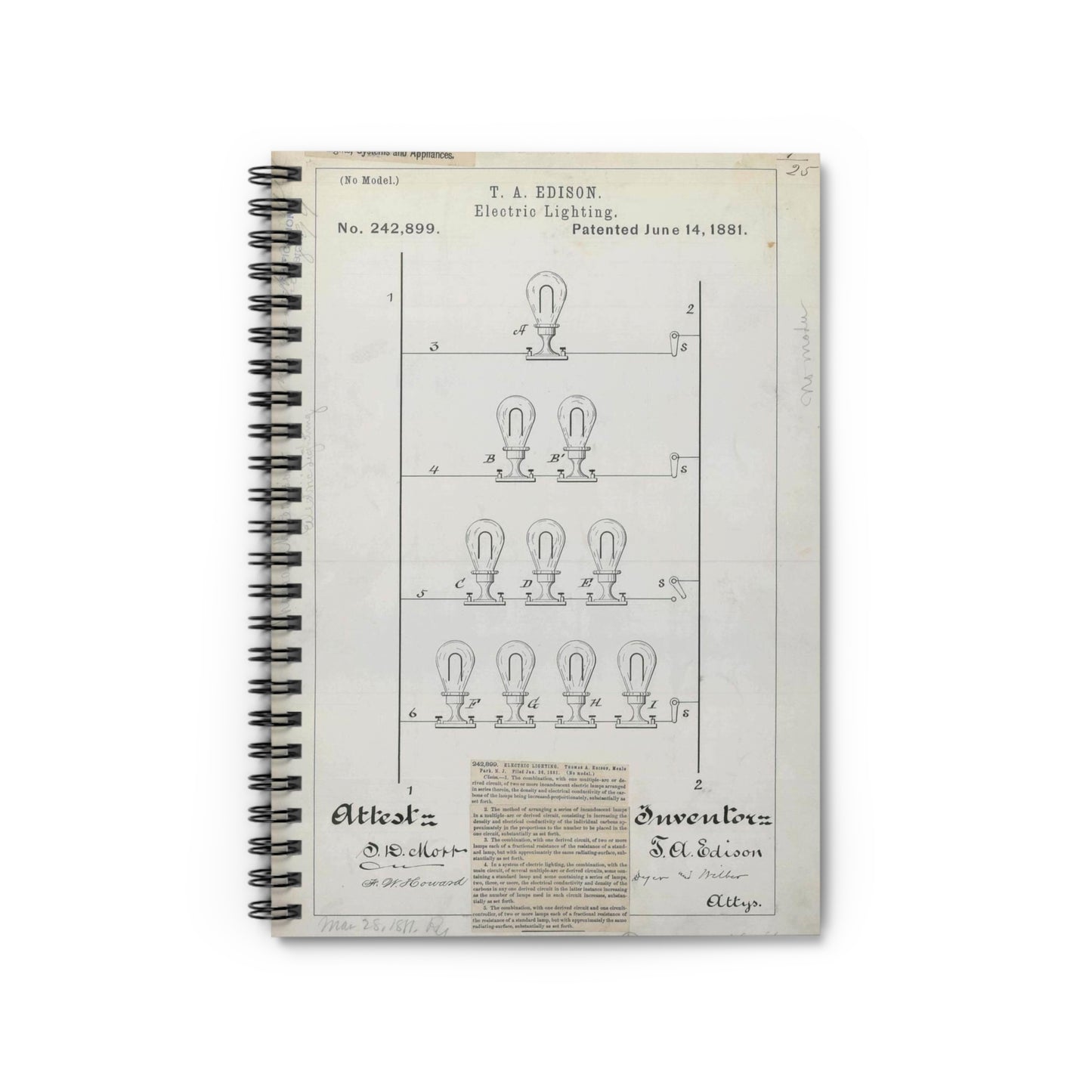 Patent drawing - for T. A. Edison's Electric Lighting Public domain image Spiral Bound Ruled Notebook with Printed Cover