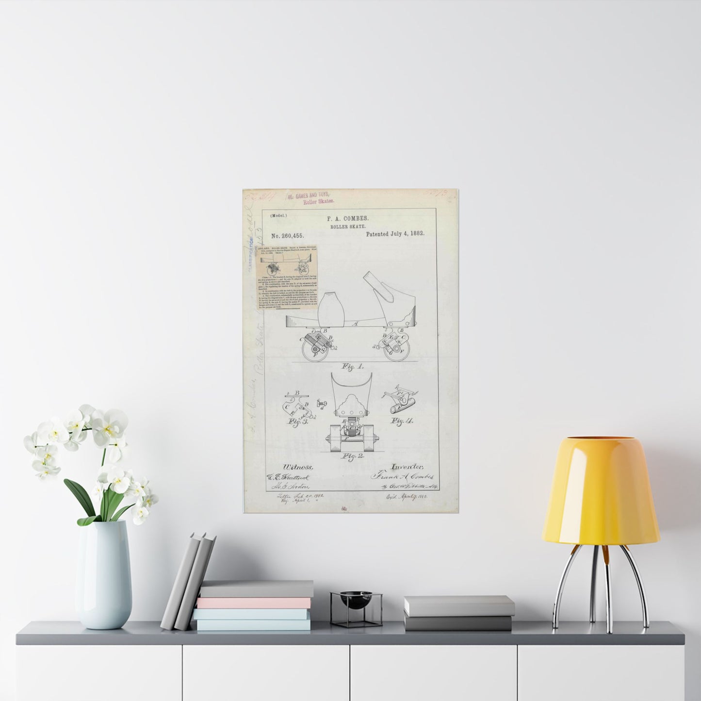 Patent drawing - for F. A. Combes' Roller Skate Public domain image High Quality Matte Wall Art Poster for Home, Office, Classroom