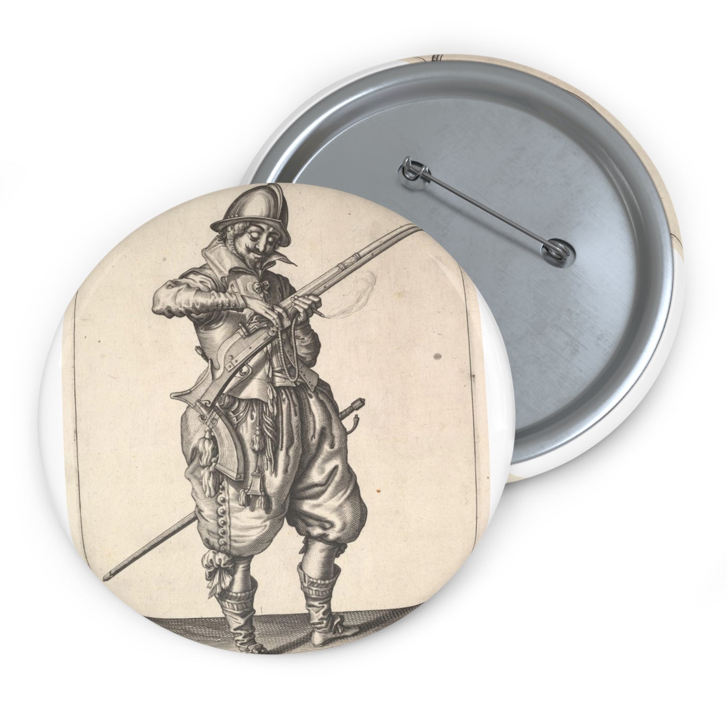 A soldier on guard shaping the match between his thumb and his forefinger, from the Marksmen series, plate 41, in Wapenhandelinghe van Roers Musquetten Ende Spiessen (The Exercise of Arms) Pin Buttons with Crisp Design