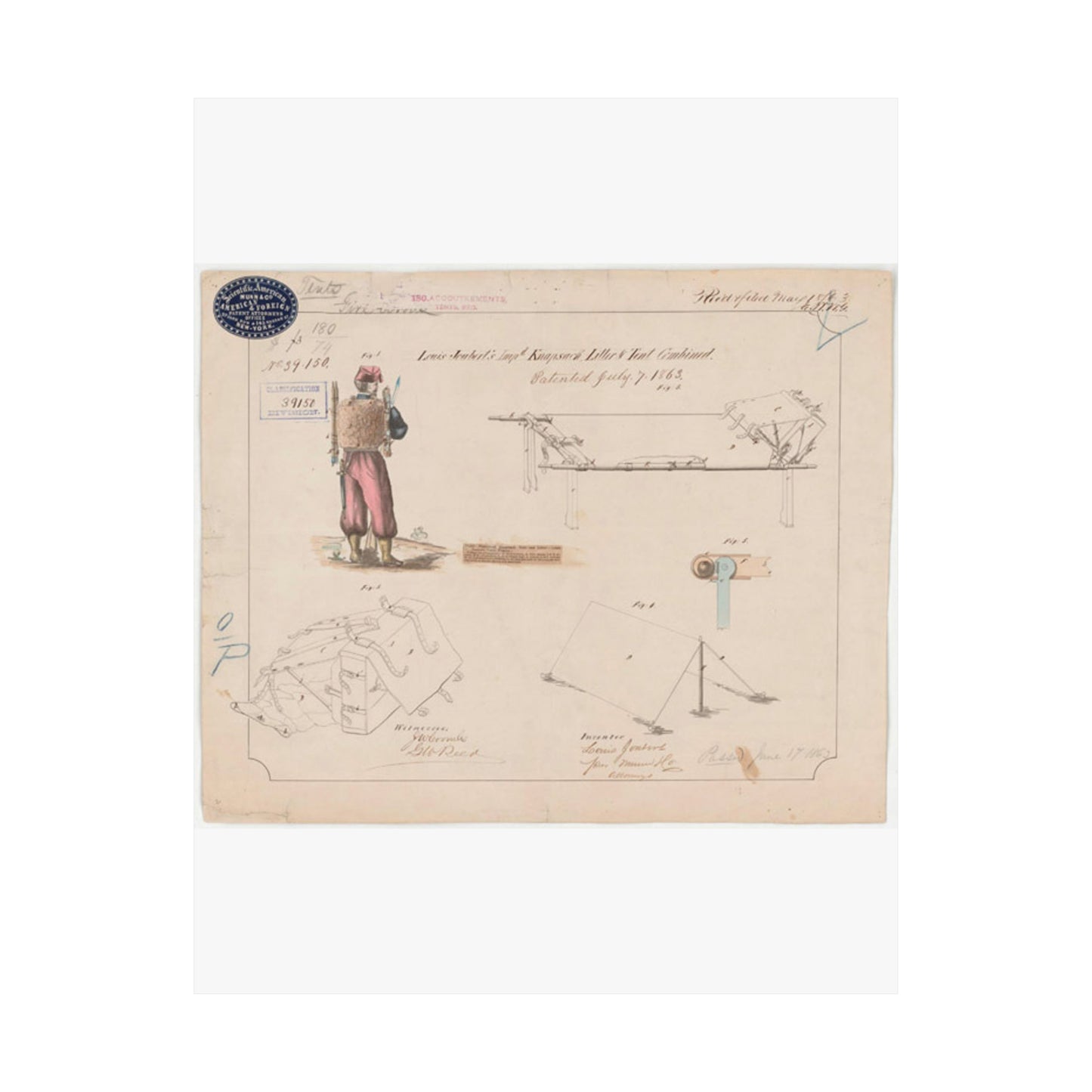 Patent drawing - Drawing of Improved Knapsack, Litter and Tent Combined Public domain image High Quality Matte Wall Art Poster for Home, Office, Classroom