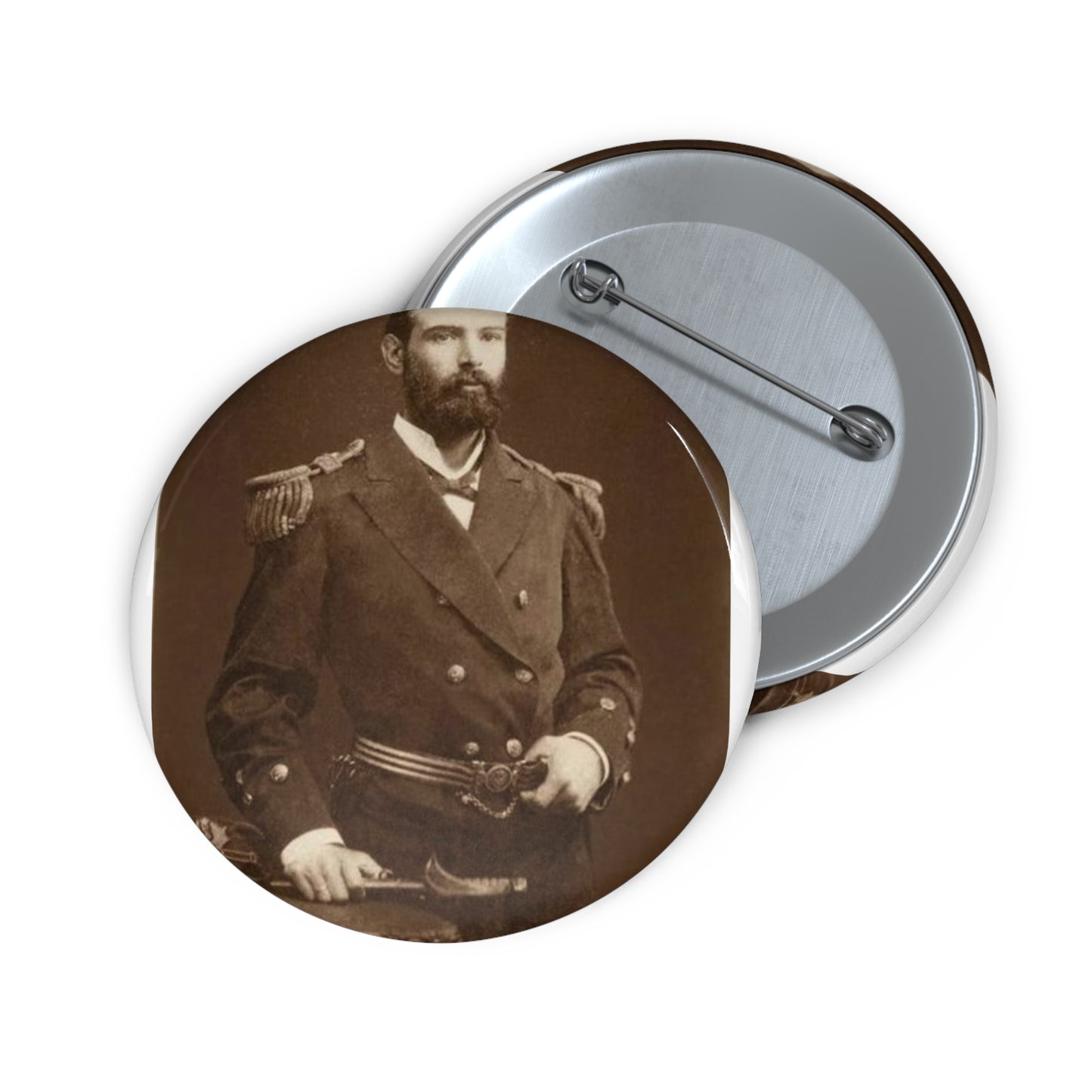 Foto A.Prat - A black and white photo of a man in uniform Pin Buttons with Crisp Design