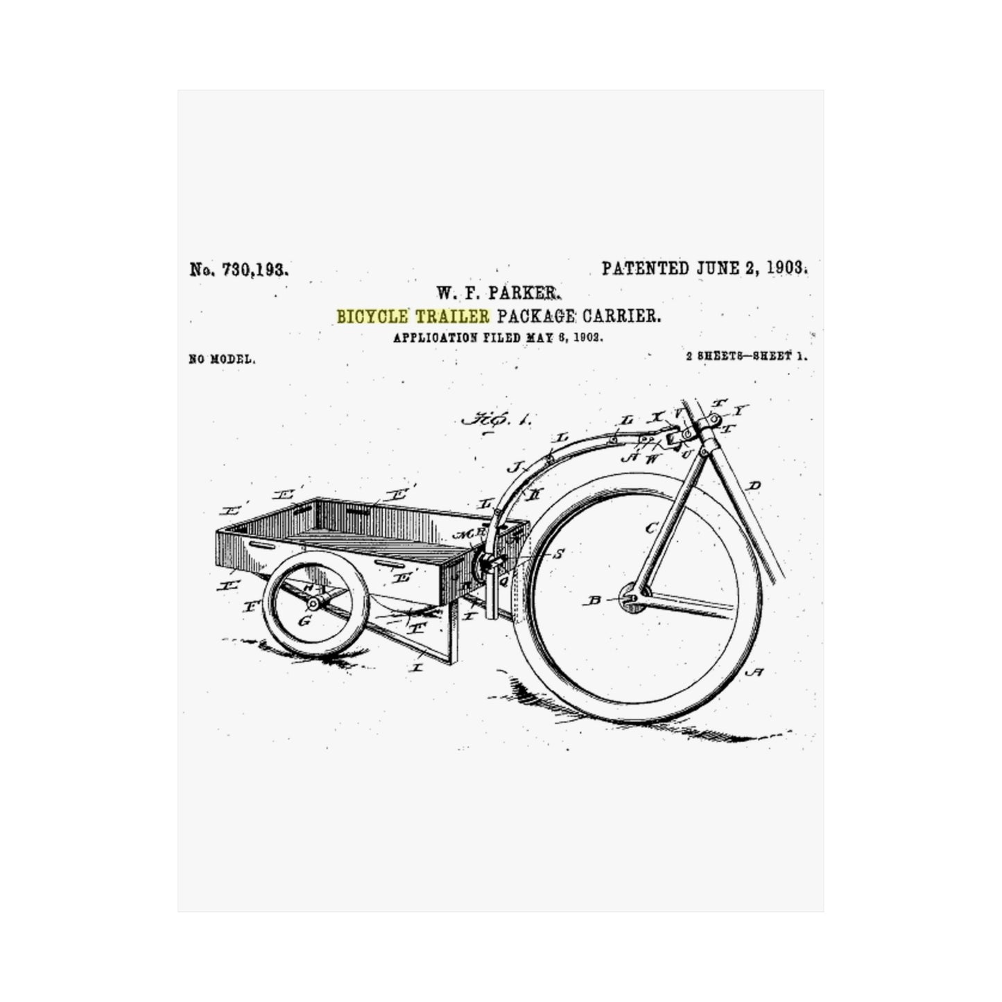 Patent Drawing of Engine - Bicycle Trailer Patent (1903) Public domain image High Quality Matte Wall Art Poster for Home, Office, Classroom