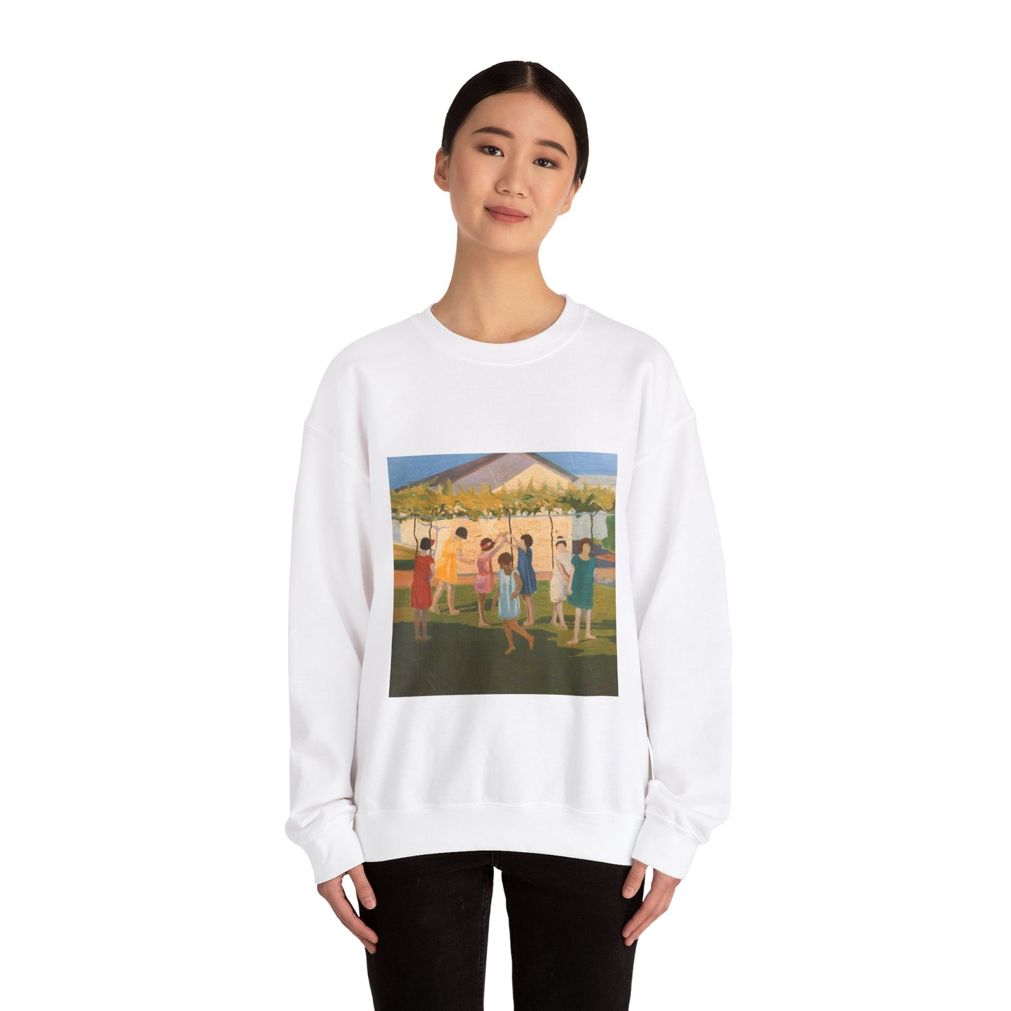 Petrona Viera - A painting of a group of children playing with a kite White Heavy Blend Adult Crew Neck SweatShirt