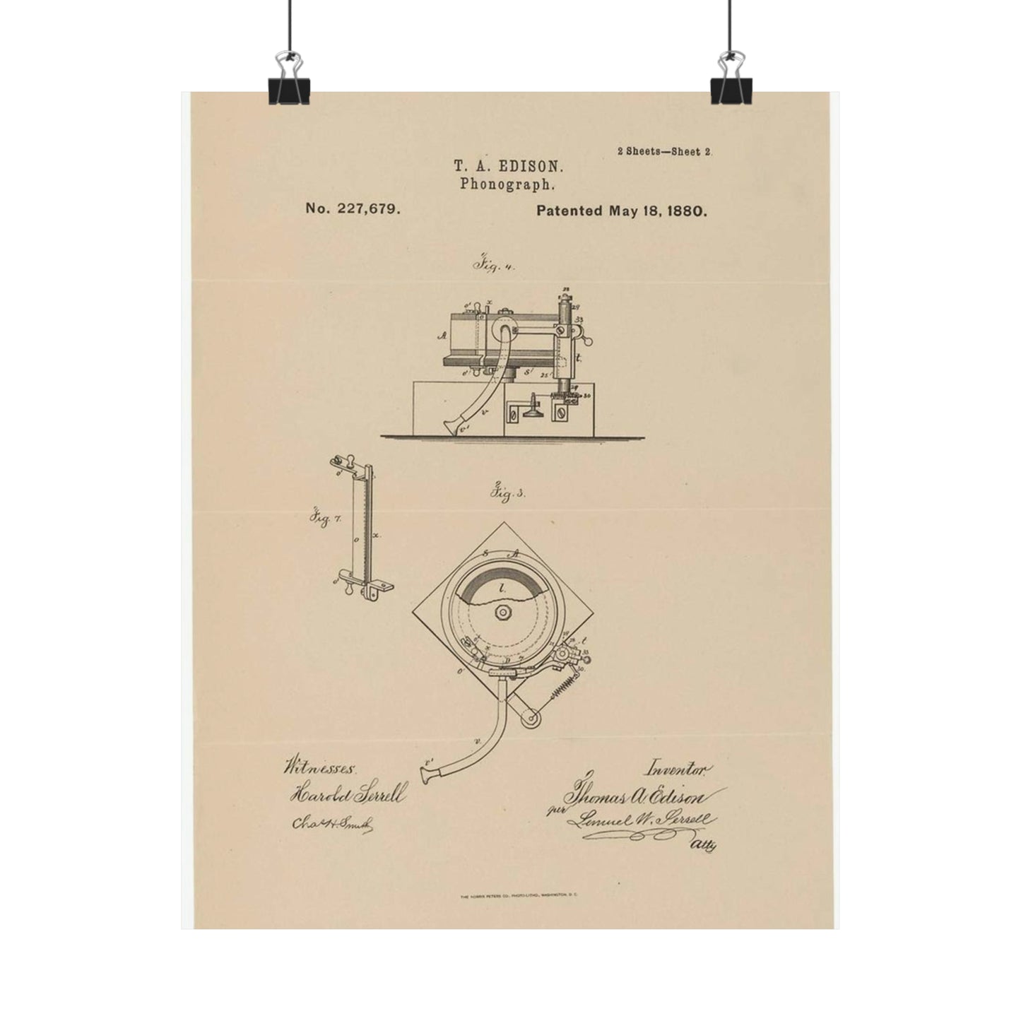 Patent Drawing of Engine - Drawing for a Phonograph Public domain image High Quality Matte Wall Art Poster for Home, Office, Classroom