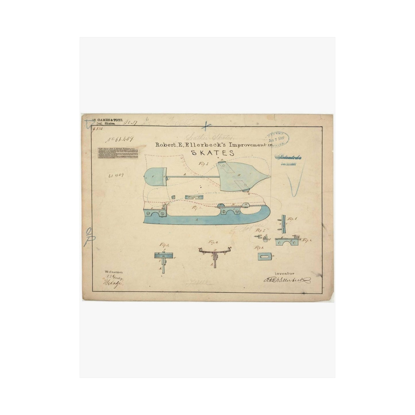 Patent drawing - Drawing of Improvement in Skates Public domain image High Quality Matte Wall Art Poster for Home, Office, Classroom