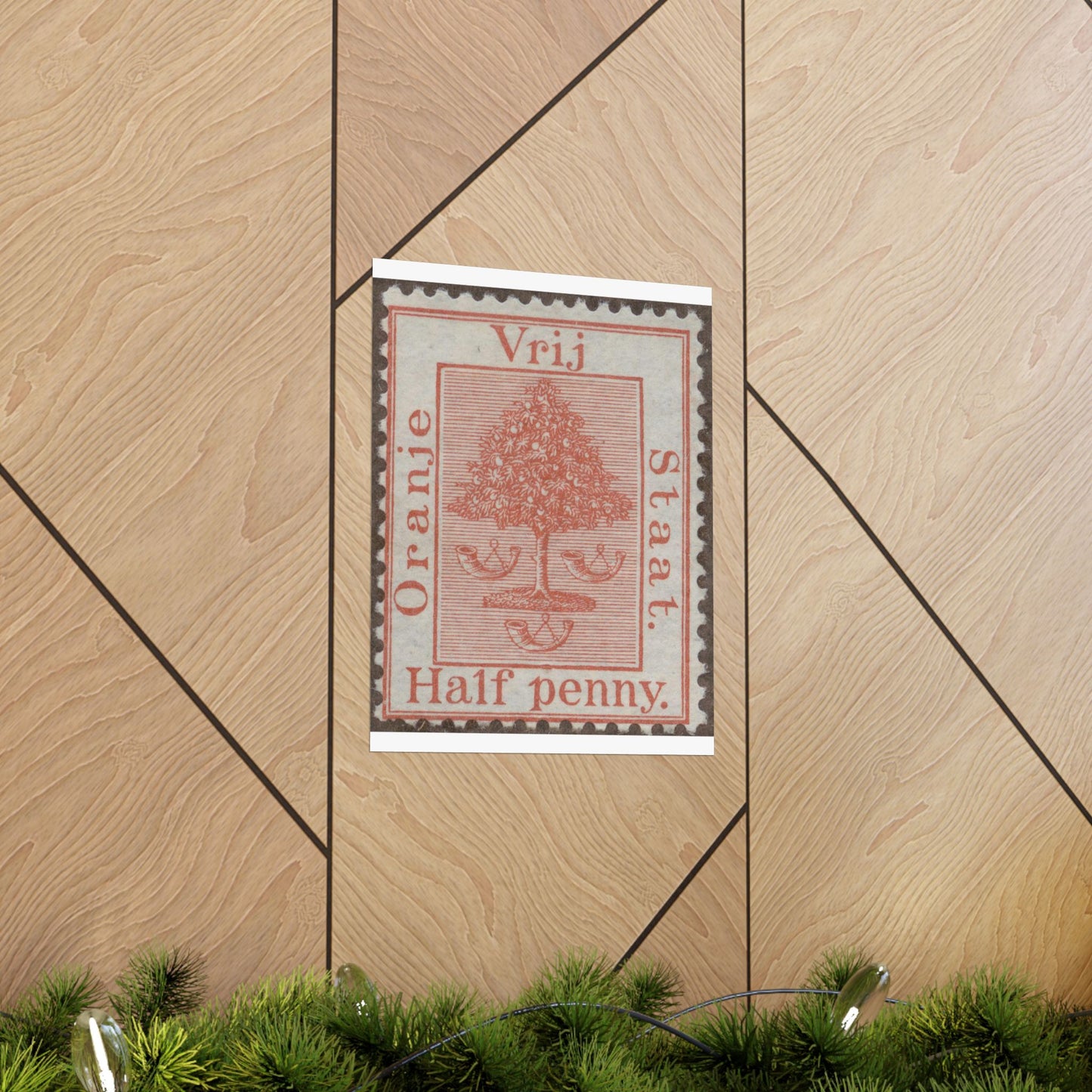 Frimärke ur Gösta Bodmans filatelistiska motivsamling, påbörjad 1950.Frimärke från Oranje -Fristaten. Motiv av apelsinträd med frukter och posthorn. High Quality Matte Wall Art Poster for Home, Office, Classroom