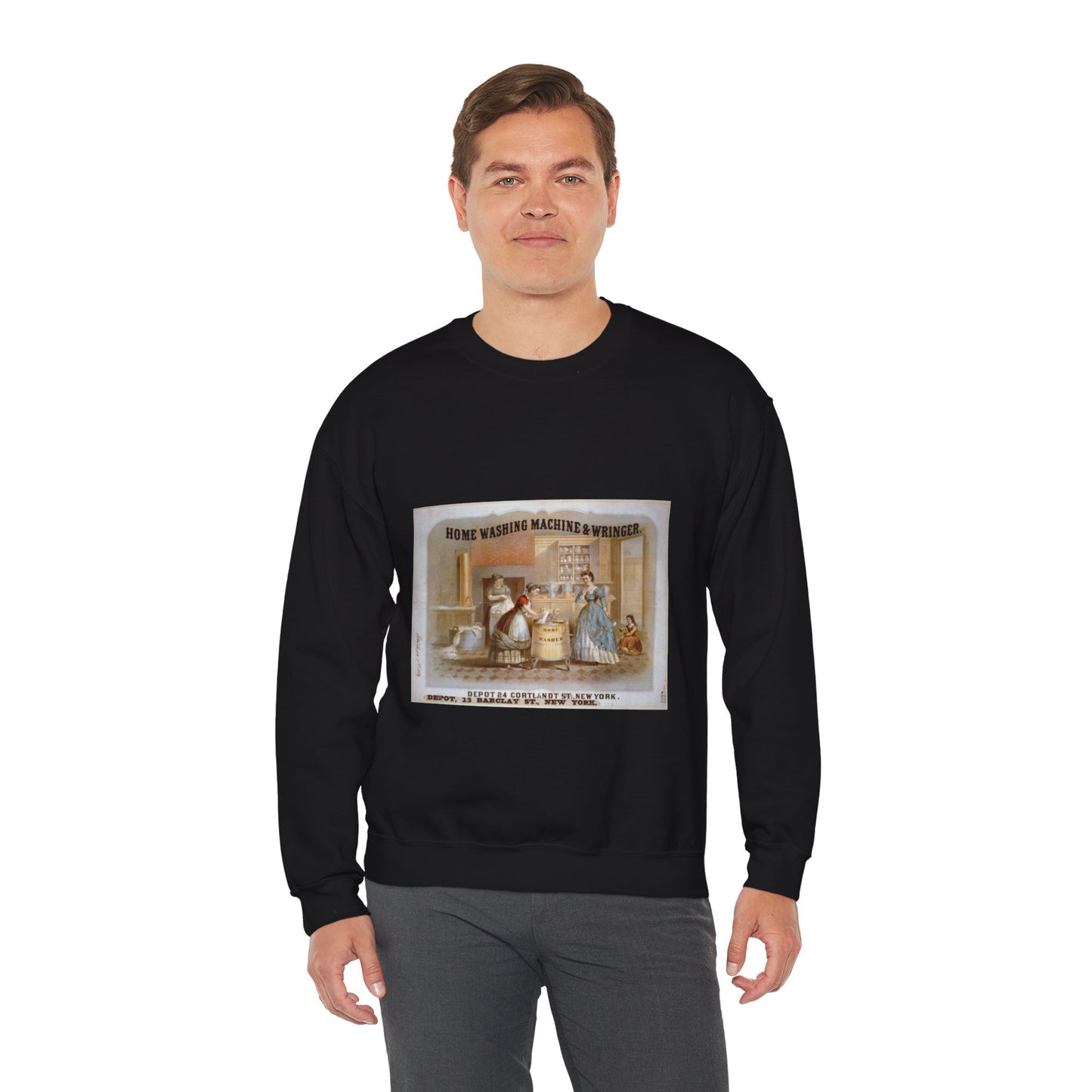 Home washing machine & wringer - A painting of a woman washing a child in a kitchen Black Heavy Blend Adult Crew Neck SweatShirt