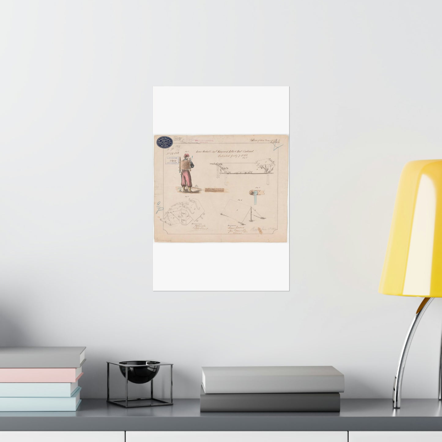 Patent drawing - Drawing of Improved Knapsack, Litter and Tent Combined Public domain image High Quality Matte Wall Art Poster for Home, Office, Classroom