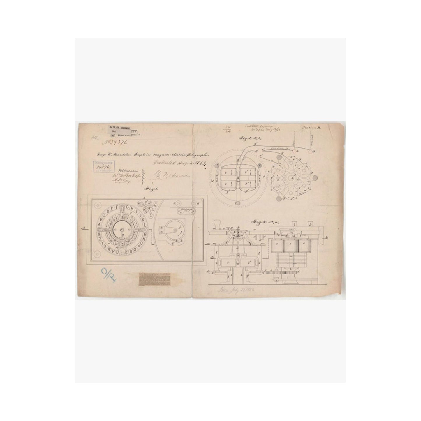 Patent drawing - Drawing of Improvements in Magneto-electric Telegraphs Public domain image High Quality Matte Wall Art Poster for Home, Office, Classroom