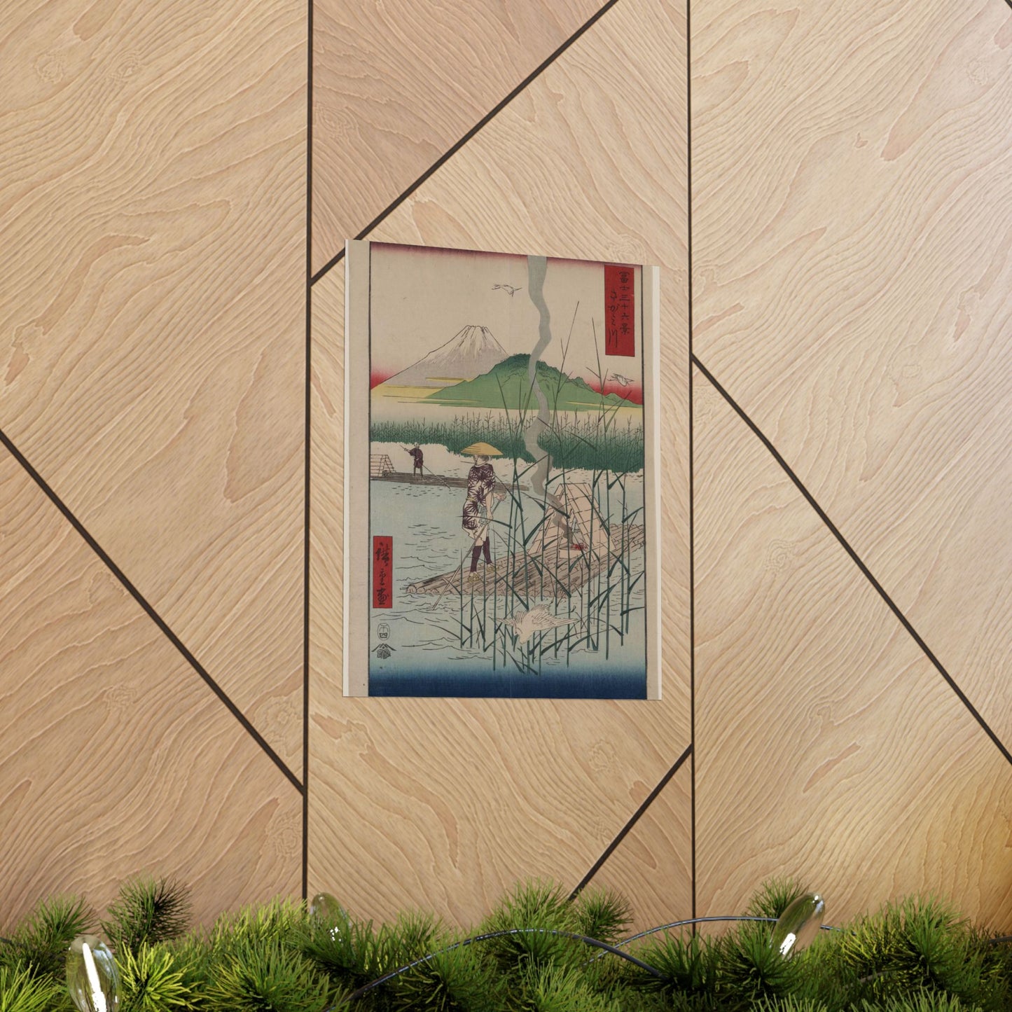 18 - The Sagami River - A painting of a man standing on a boat in a body of water High Quality Matte Wall Art Poster for Home, Office, Classroom