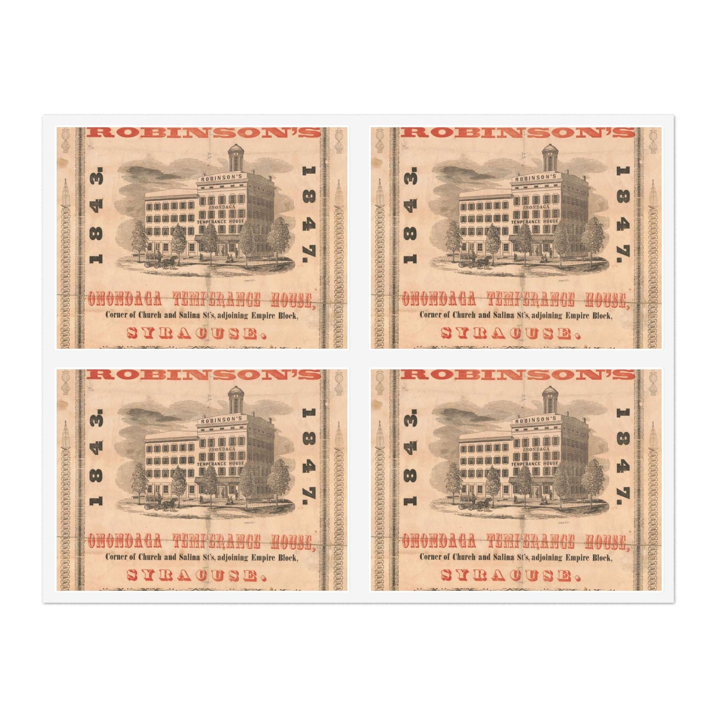 Robinson's Onondaga temperance house, corner of Church and Salina st's, adjoining Empire block, Syracuse Chase Laminated UV Protective Vinyl Stickers