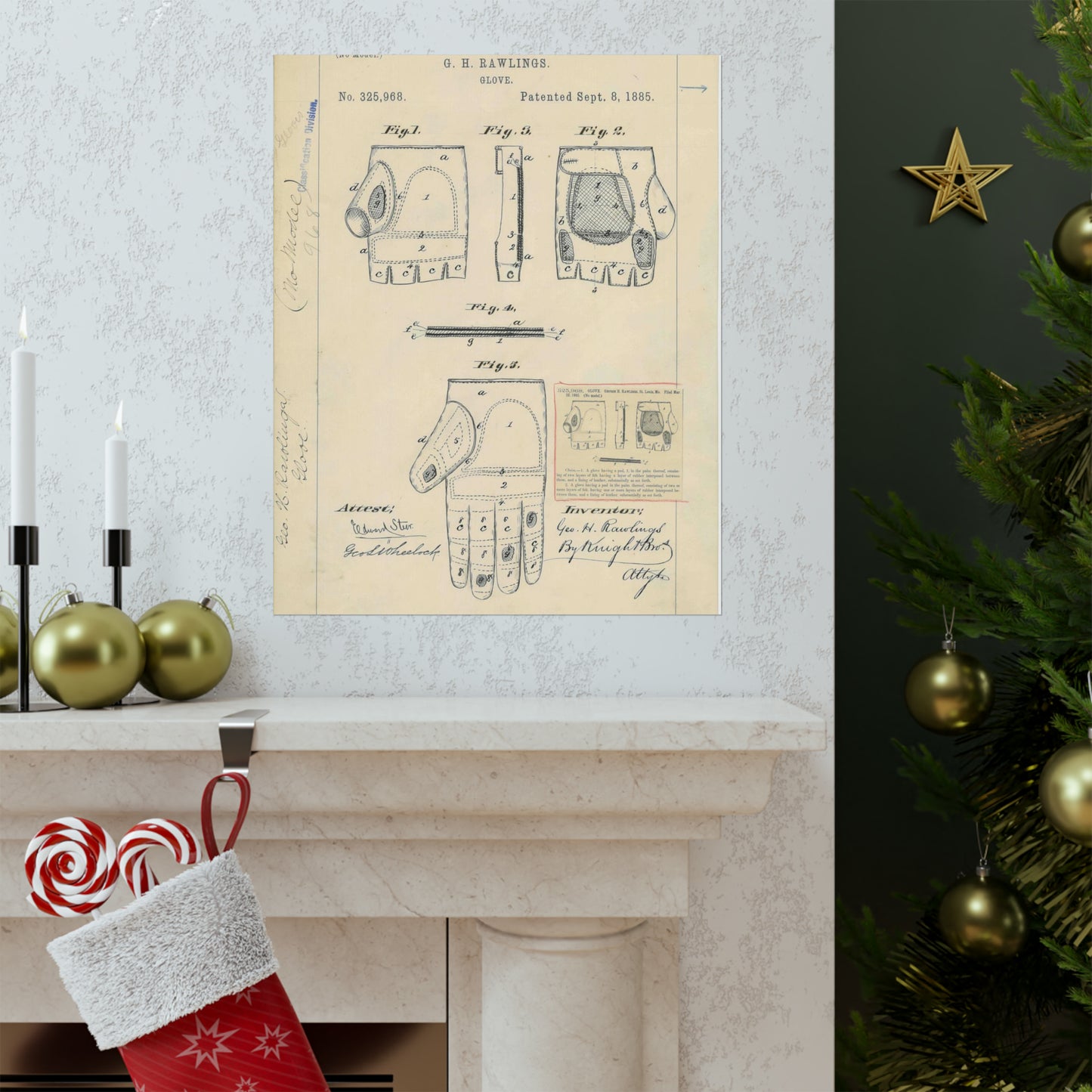 Patent drawing - Drawing for a "Base Ball Glove" Public domain image High Quality Matte Wall Art Poster for Home, Office, Classroom