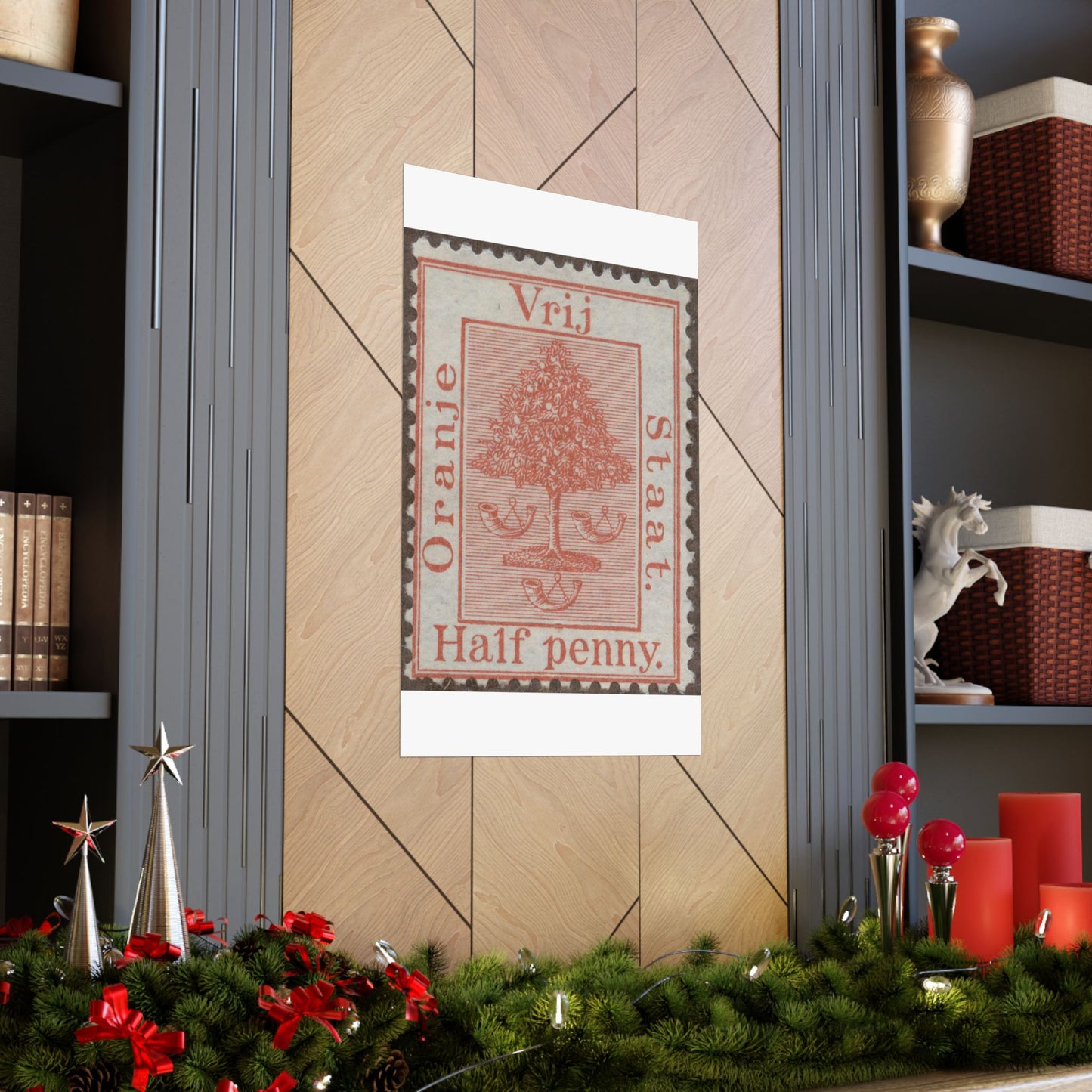Frimärke ur Gösta Bodmans filatelistiska motivsamling, påbörjad 1950.Frimärke från Oranje -Fristaten. Motiv av apelsinträd med frukter och posthorn. High Quality Matte Wall Art Poster for Home, Office, Classroom