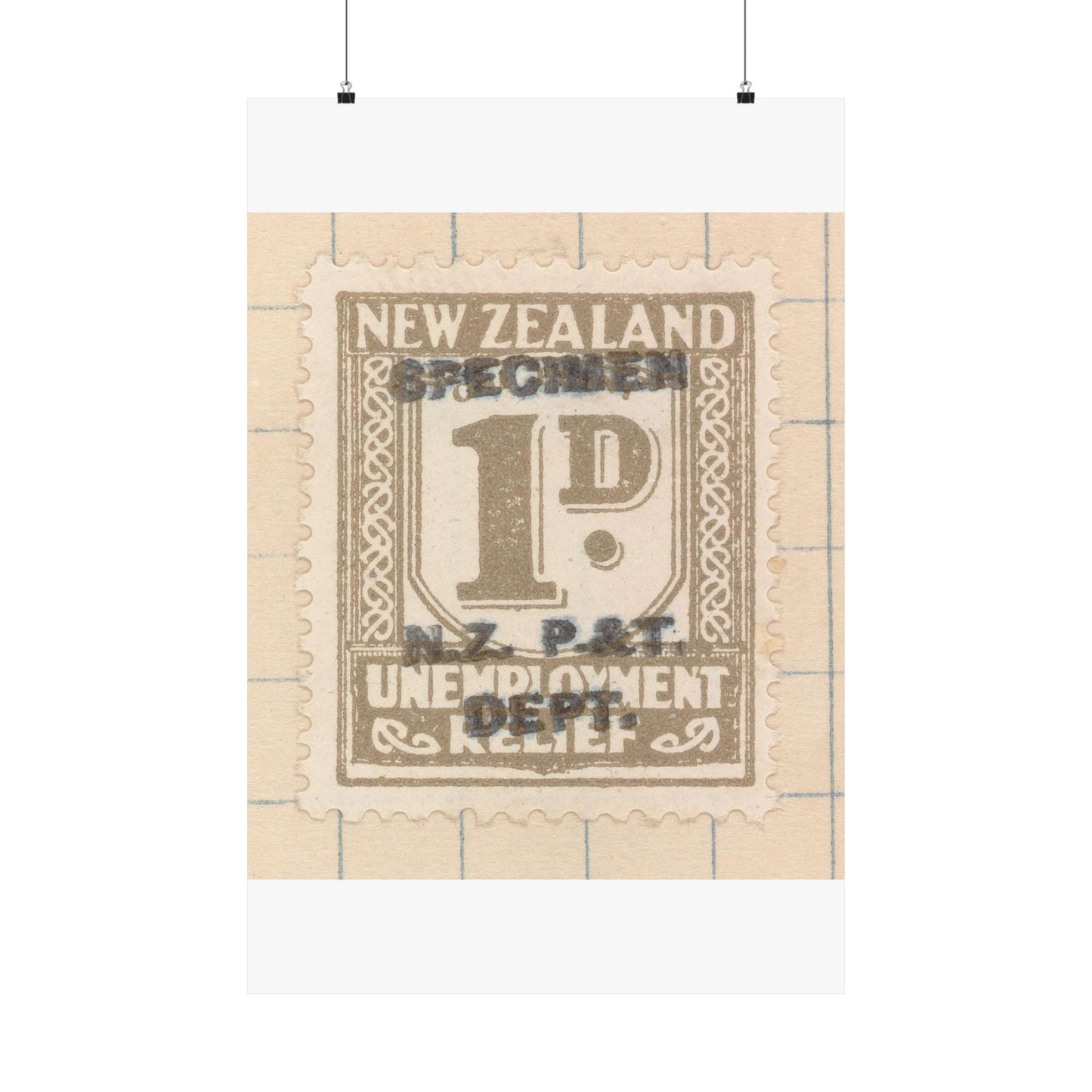 One penny Unemployment Relief stamp overprinted 'Specimen' High Quality Matte Wall Art Poster for Home, Office, Classroom