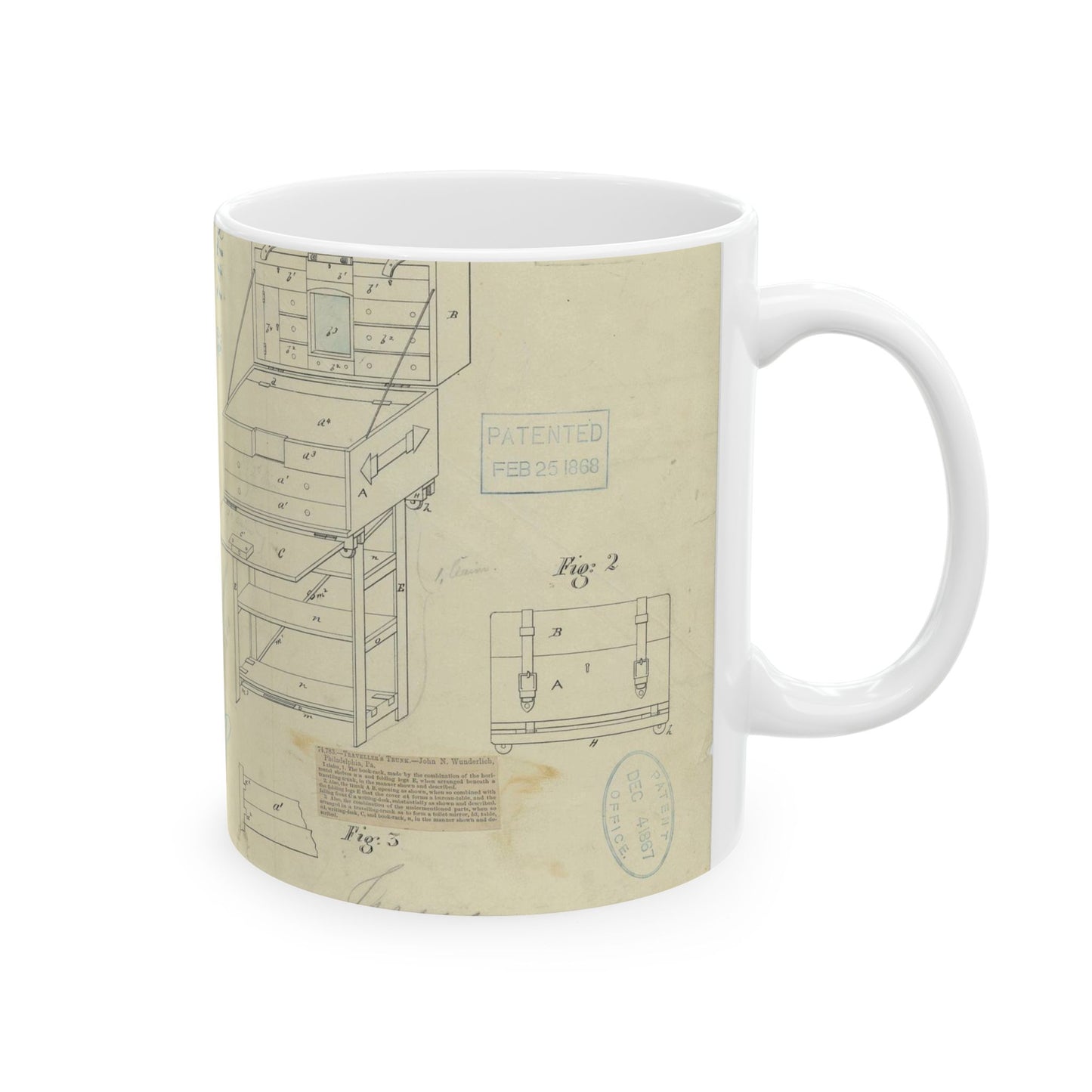 Patent Drawing of Engine - Drawing of a Travelers Trunk Public domain image Beautiful Novelty Ceramic Coffee Mug 11oz