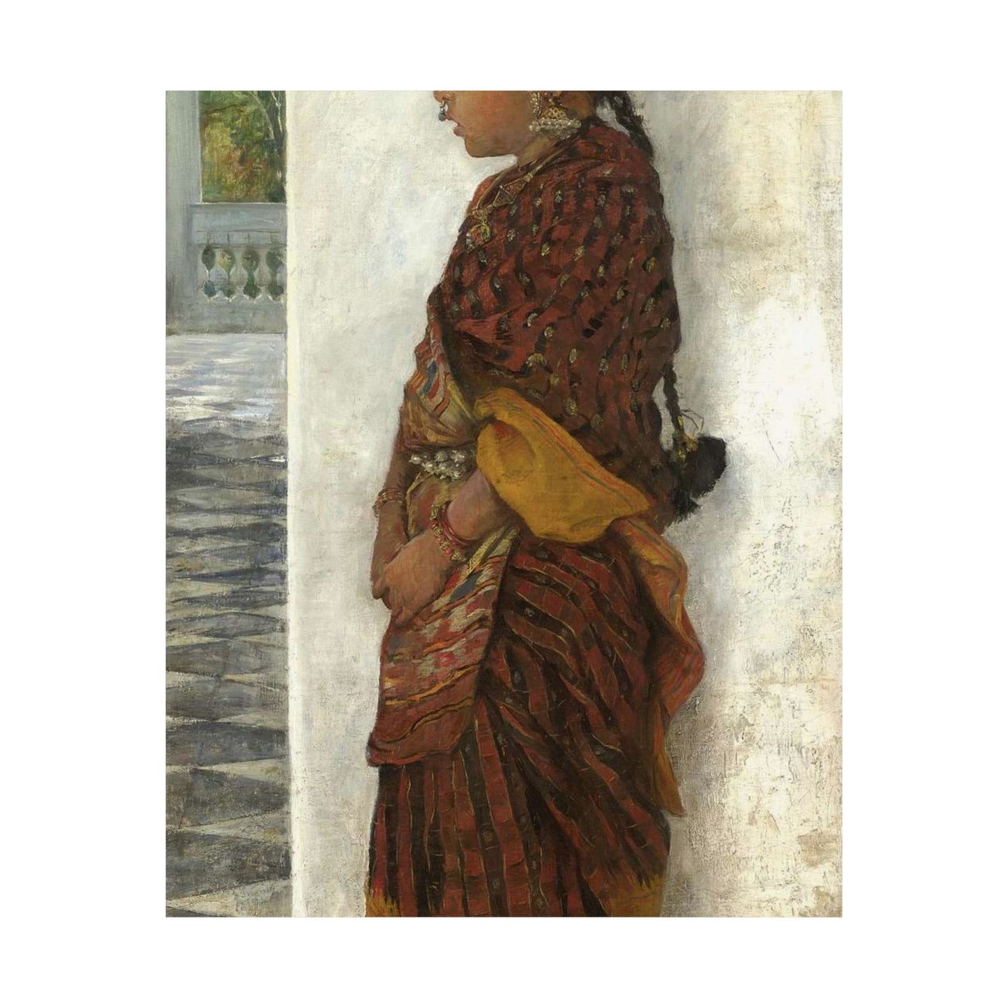 Hermann Linde - Girl standing in a veranda wearing a Pochampalli sari (ca.1895) High Quality Matte Wall Art Poster for Home, Office, Classroom