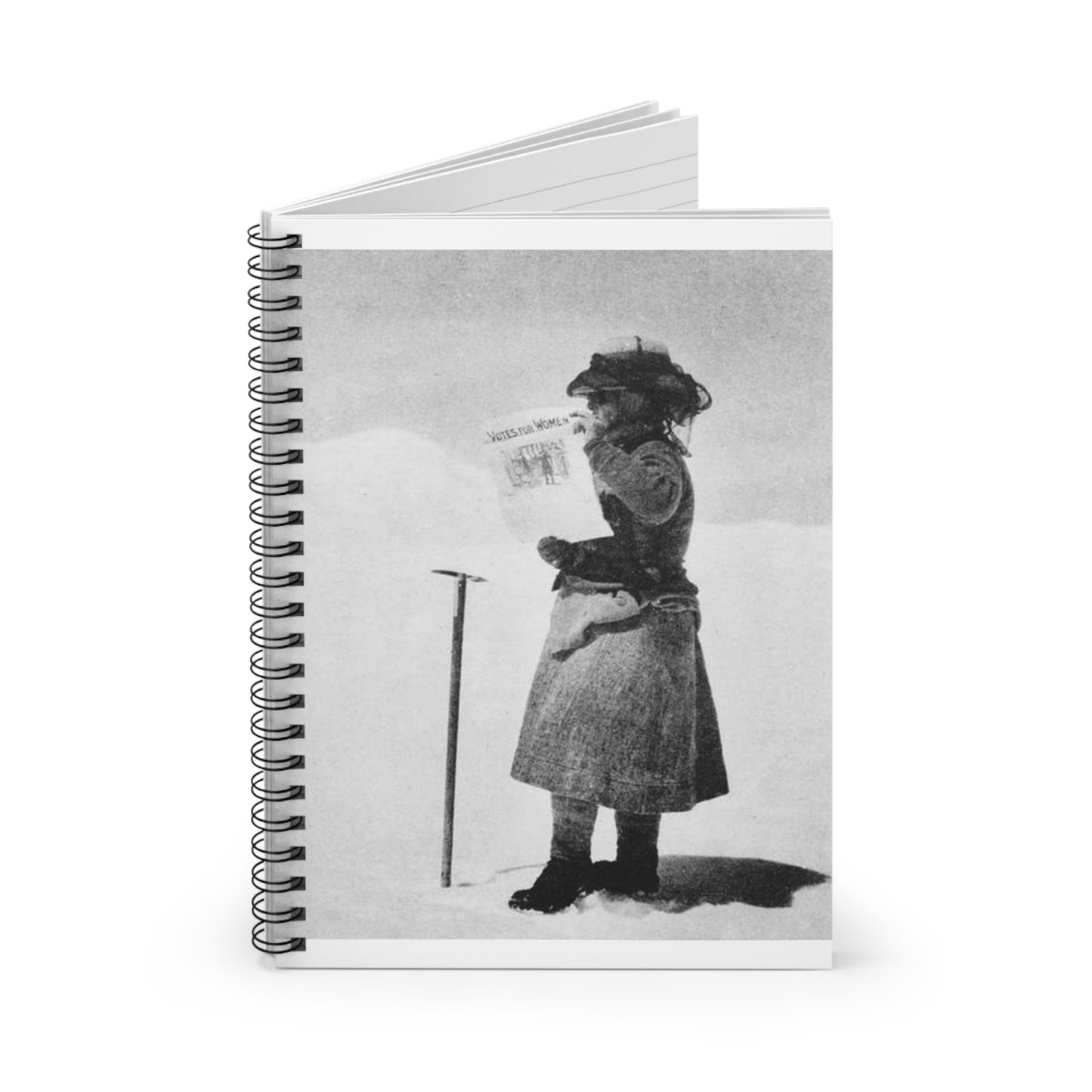 FannyBullockWorkmanVotesWomen - A woman standing in the snow holding a sign Spiral Bound Ruled Notebook with Printed Cover