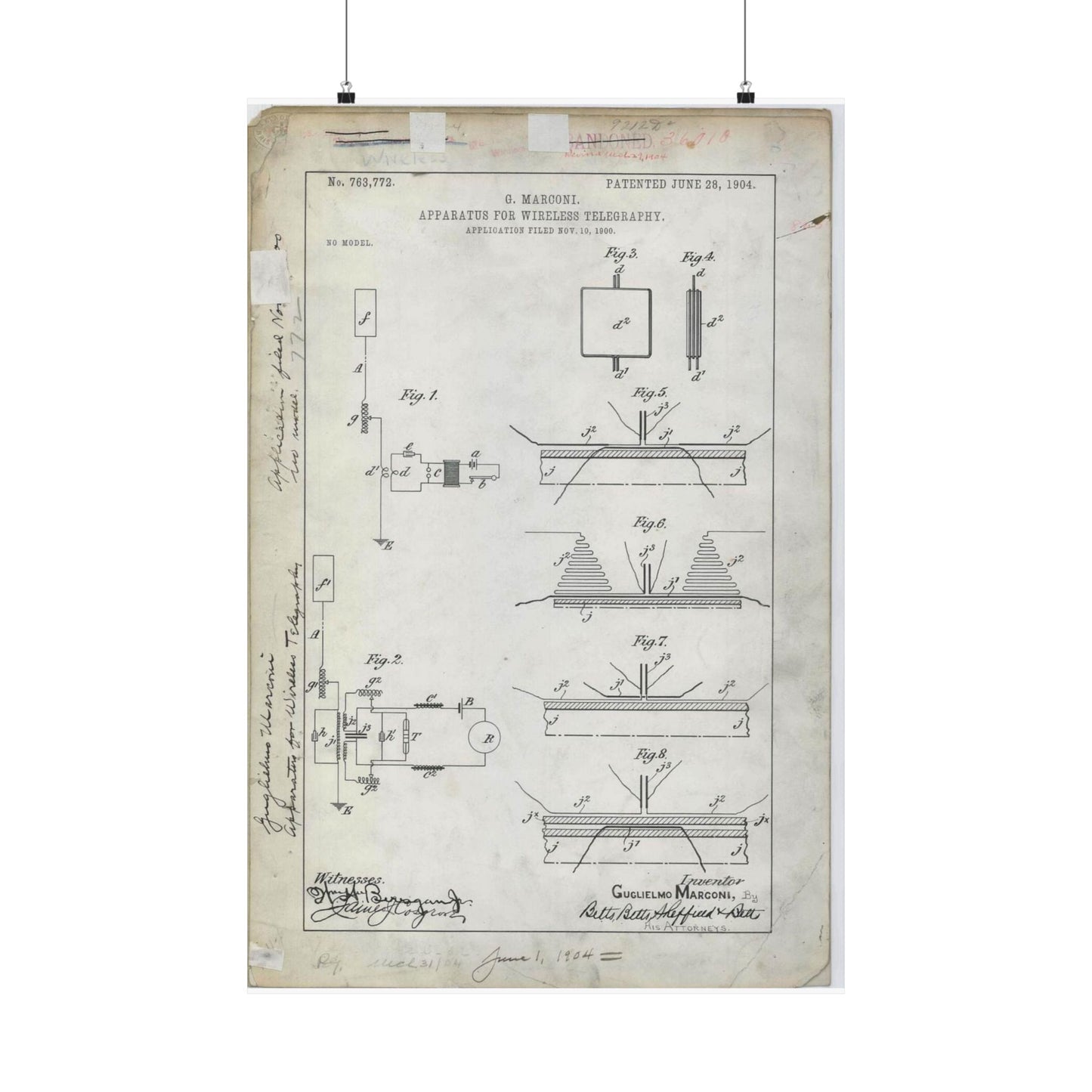 Patent drawing - for G. Marconi's Apparatus for Wireless Telegraphy Public domain image High Quality Matte Wall Art Poster for Home, Office, Classroom