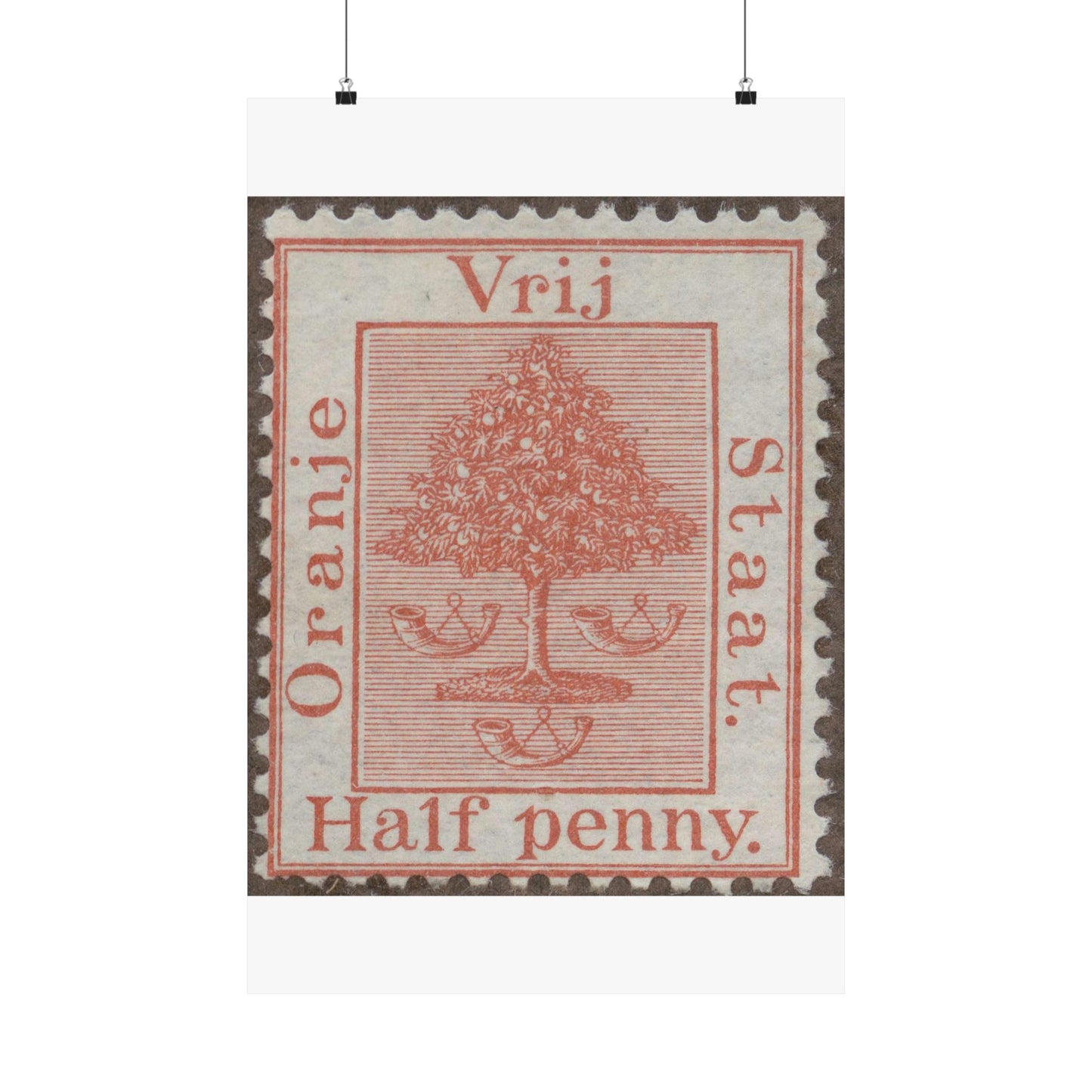 Frimärke ur Gösta Bodmans filatelistiska motivsamling, påbörjad 1950.Frimärke från Oranje -Fristaten. Motiv av apelsinträd med frukter och posthorn. High Quality Matte Wall Art Poster for Home, Office, Classroom