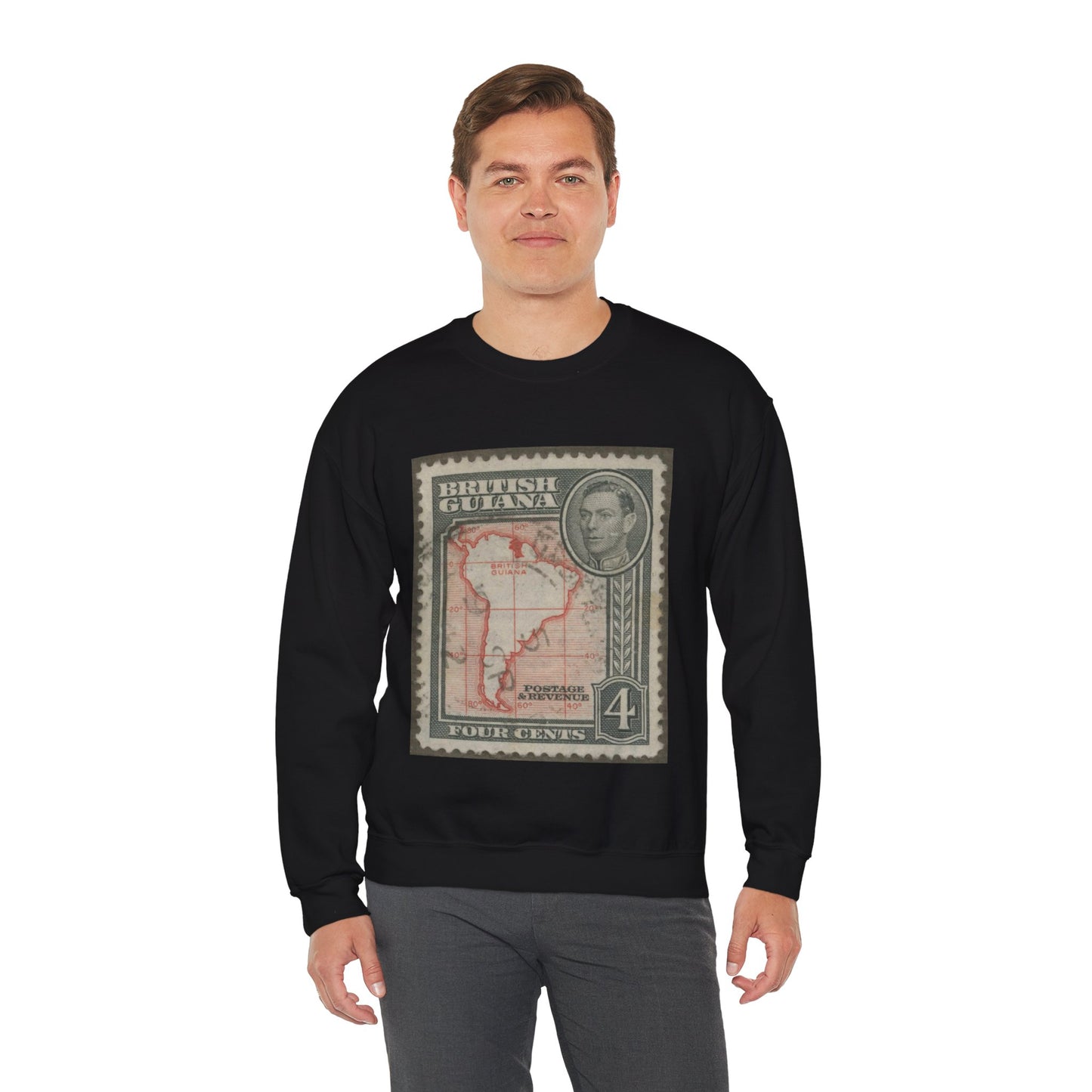 Frimärke ur Gösta Bodmans filatelistiska motivsamling, påbörjad 1950.Frimärke från Brittiska Guiana, 1938. Motiv av Sydamerikas karta med Brittiska Guiana. Black Heavy Blend Adult Crew Neck SweatShirt