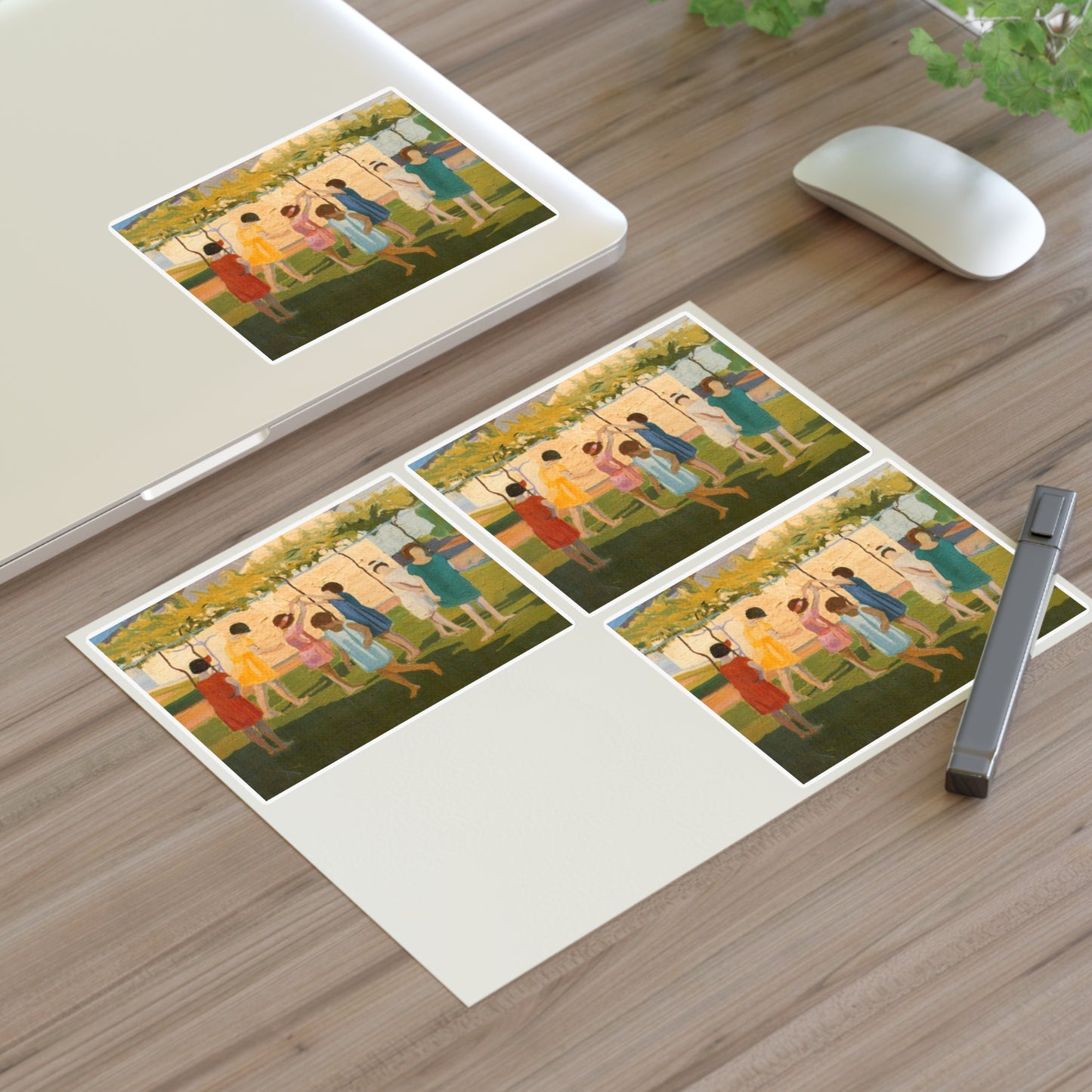 Petrona Viera - A painting of a group of children playing with a kite Laminated UV Protective Vinyl Stickers