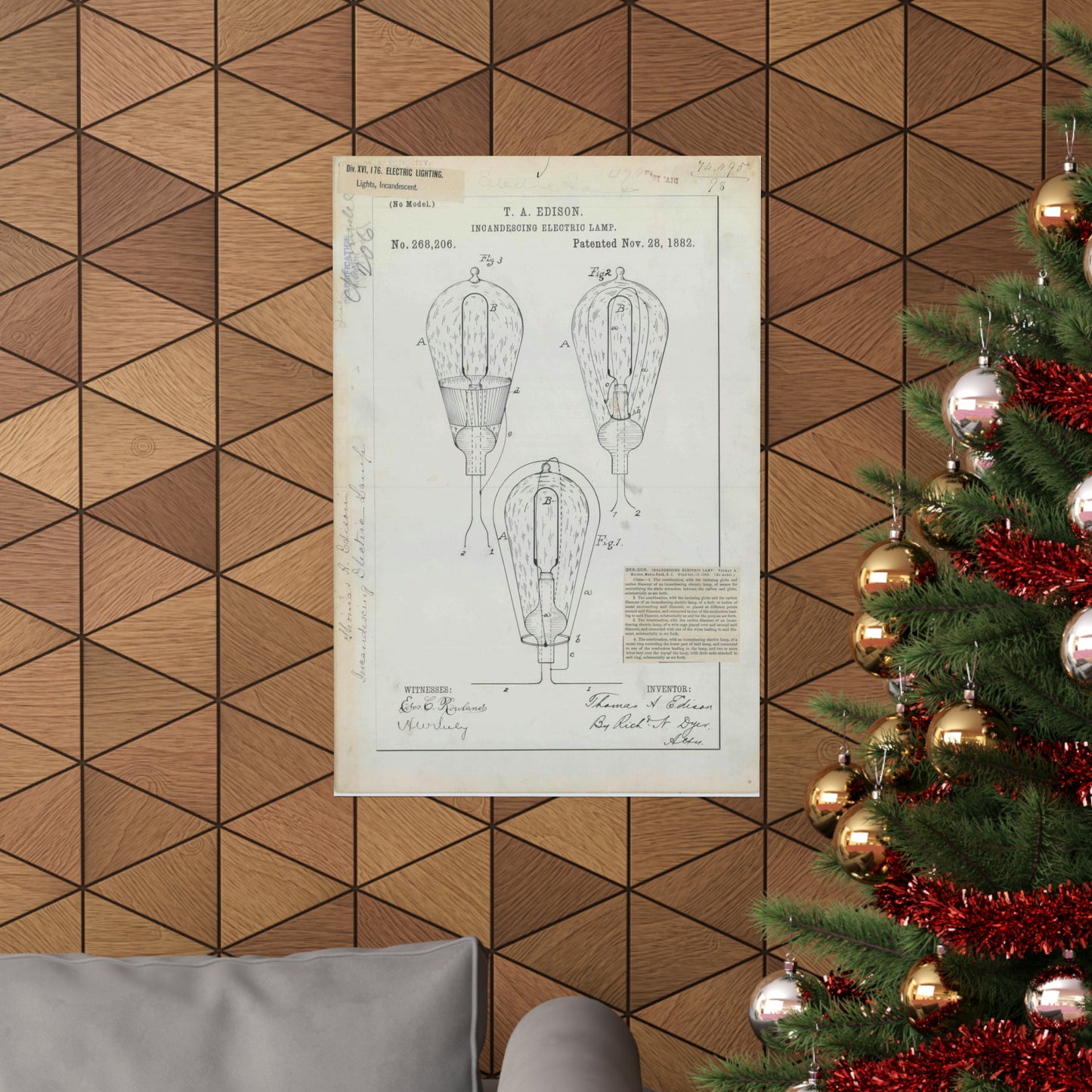 Patent drawing - for T. A. Edison's Incandescing Electric Lamp Public domain image High Quality Matte Wall Art Poster for Home, Office, Classroom