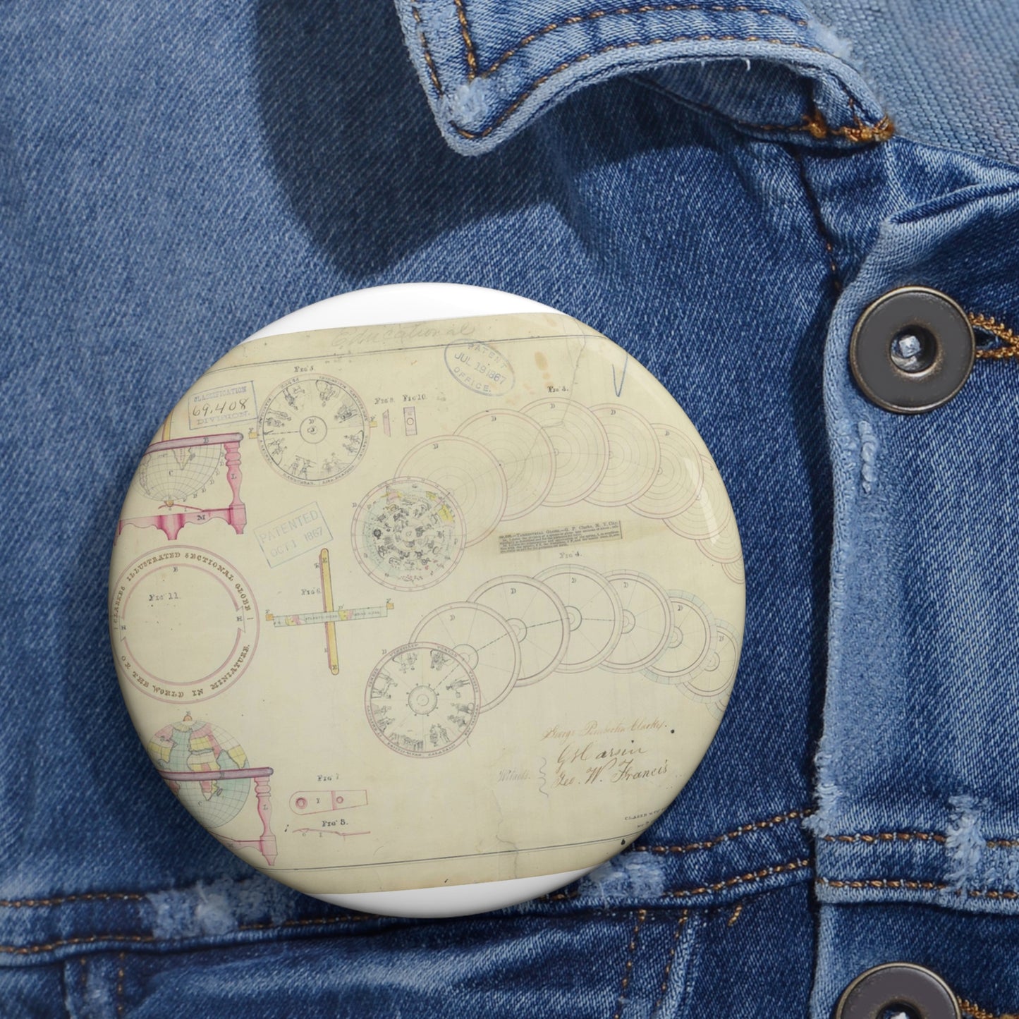 Patent drawing - Drawing of a Terrestrial Globe Public domain image Pin Buttons with Crisp Design