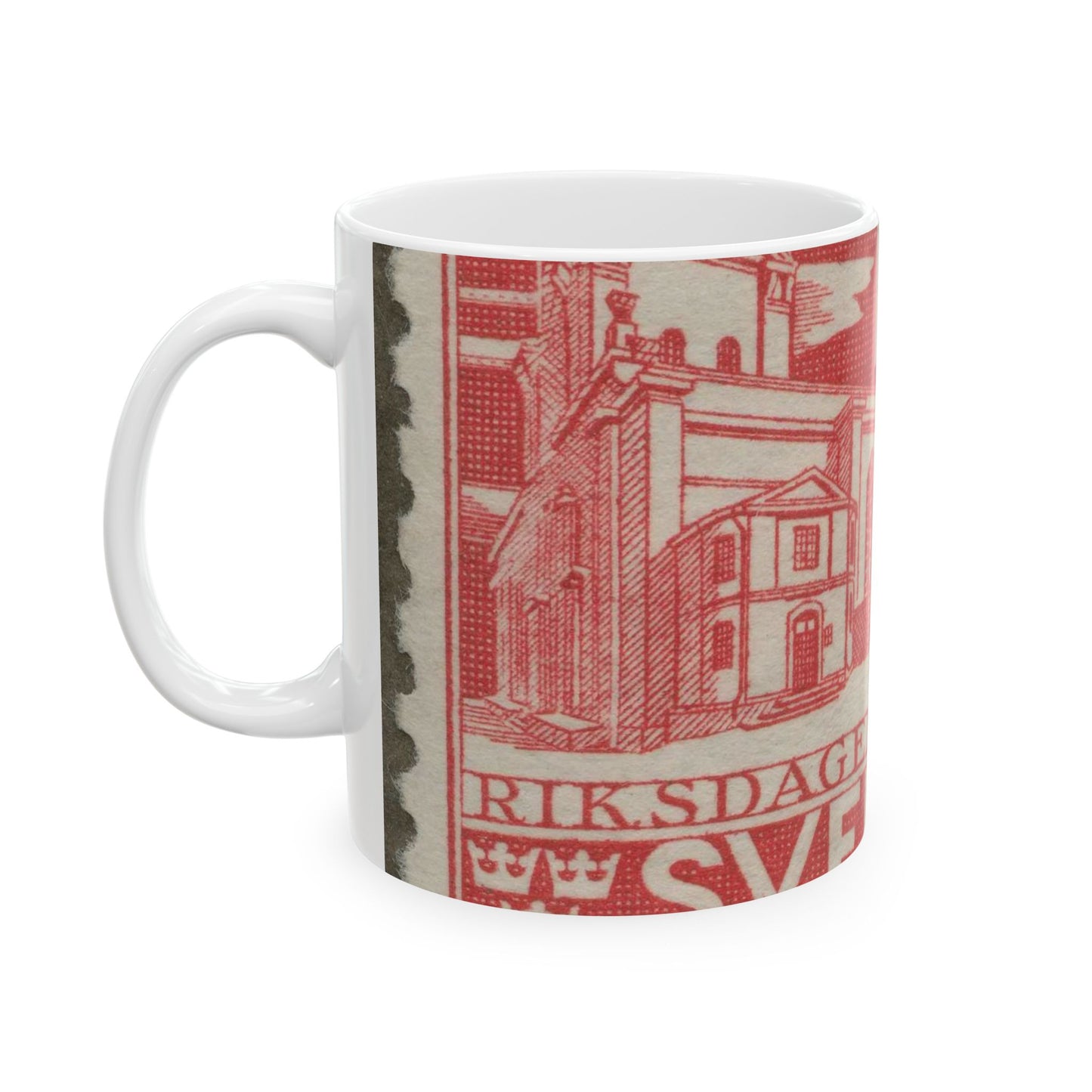 Frimärke ur Gösta Bodmans filatelistiska motivsamling, påbörjad 1950.Frimärke från Sverige. Motiv av Storkyrkan i Stockholm. "Den svenska riksdagen 500 år 1435-1935". Beautiful Novelty Ceramic Coffee Mug 11oz