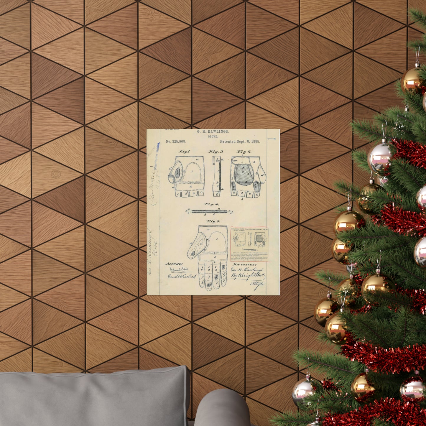 Patent drawing - Drawing for a "Base Ball Glove" Public domain image High Quality Matte Wall Art Poster for Home, Office, Classroom