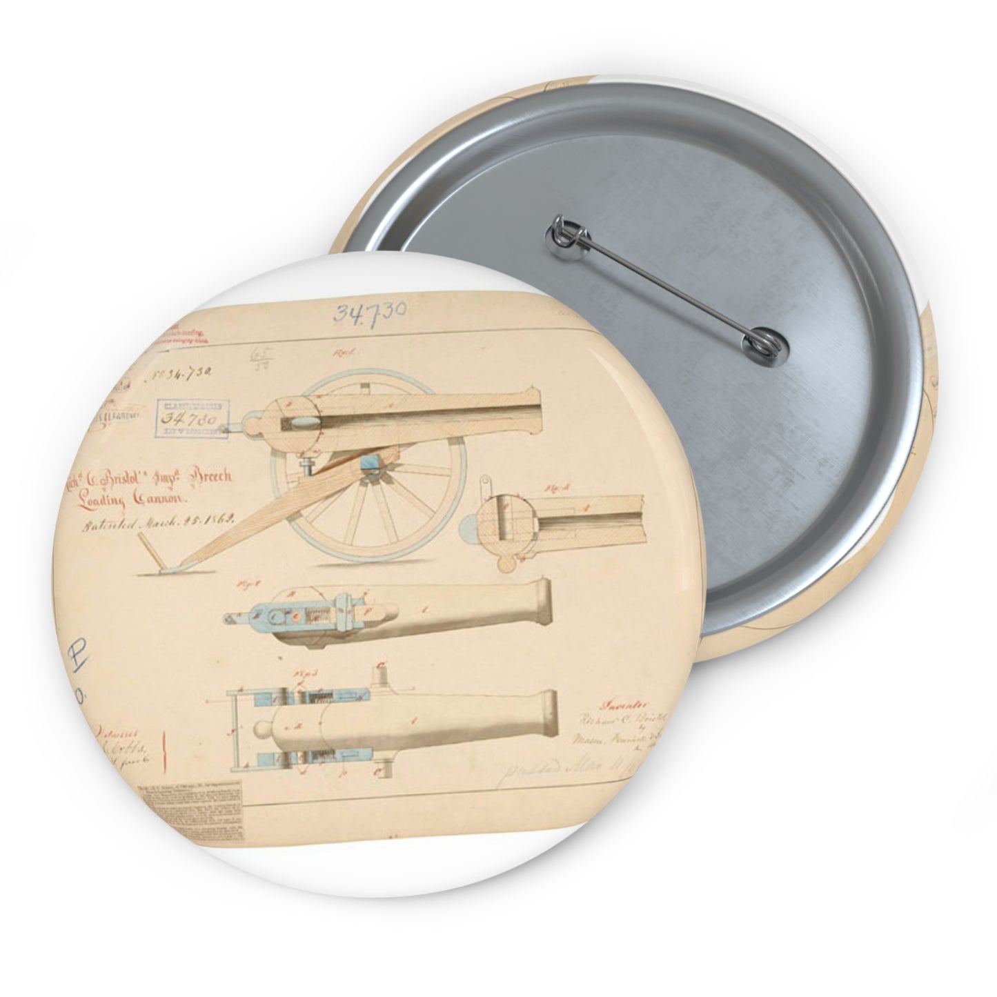 Patent drawing - Drawing of Improved Breech Loading Cannon Public domain image Pin Buttons with Crisp Design