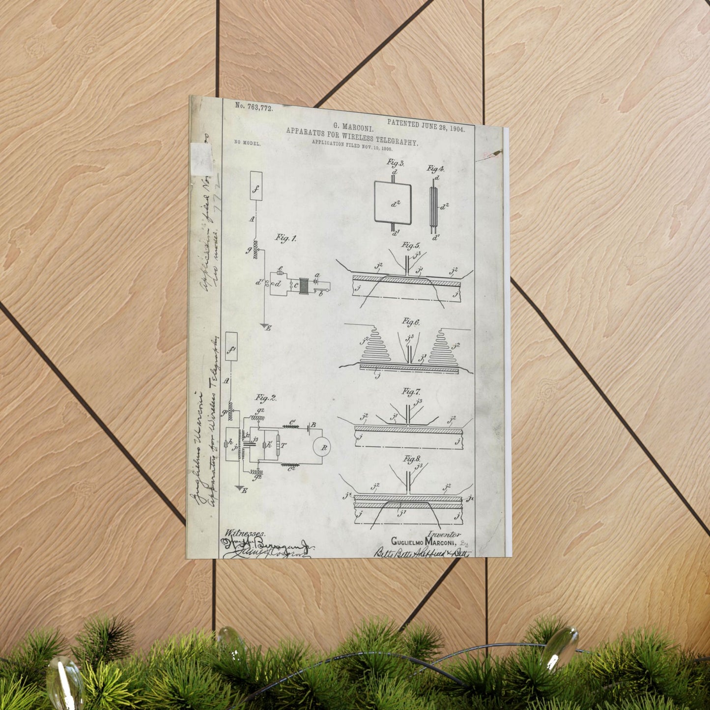 Patent drawing - for G. Marconi's Apparatus for Wireless Telegraphy Public domain image High Quality Matte Wall Art Poster for Home, Office, Classroom