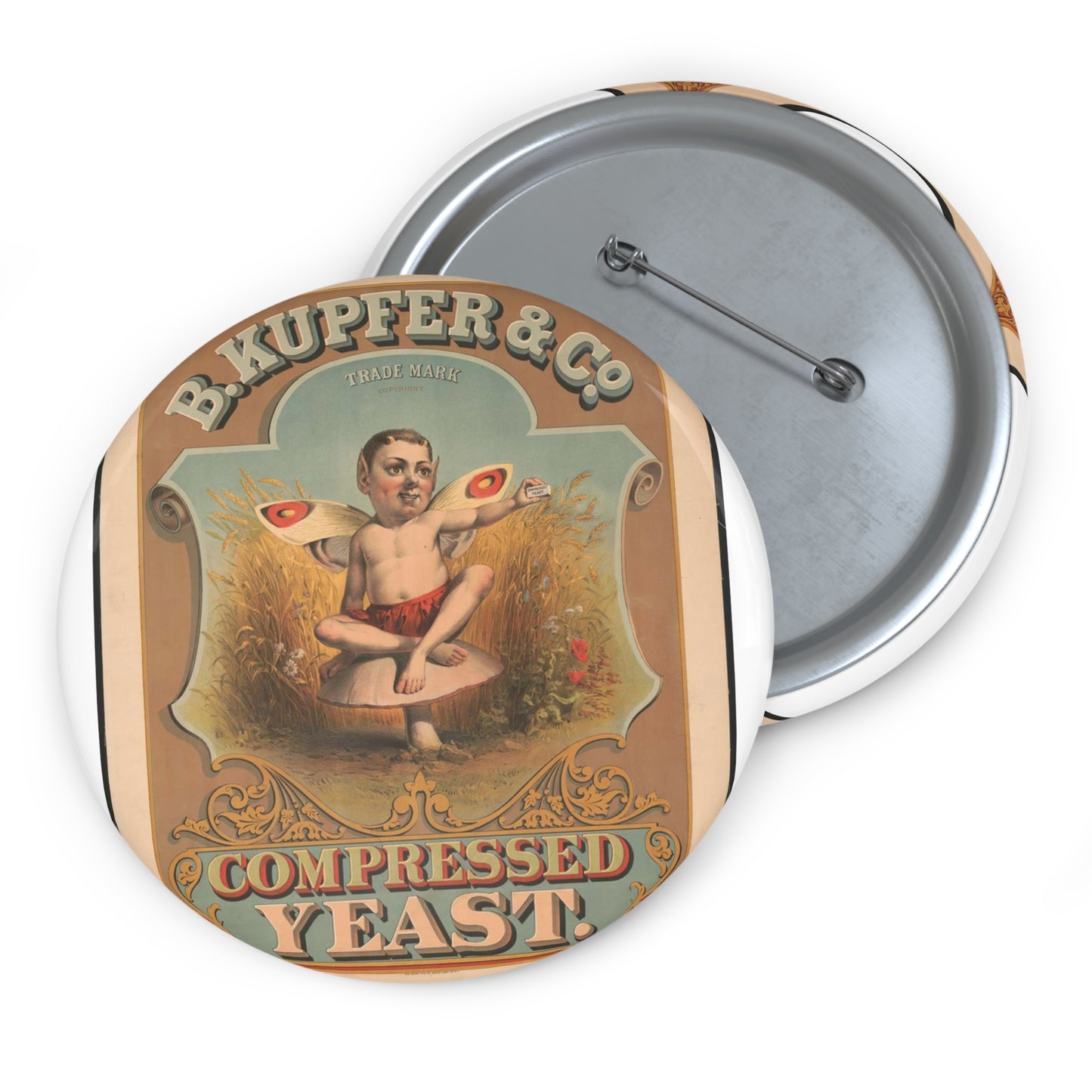B. Kupfer & Co., compressed yeast puck Pin Buttons with Crisp Design