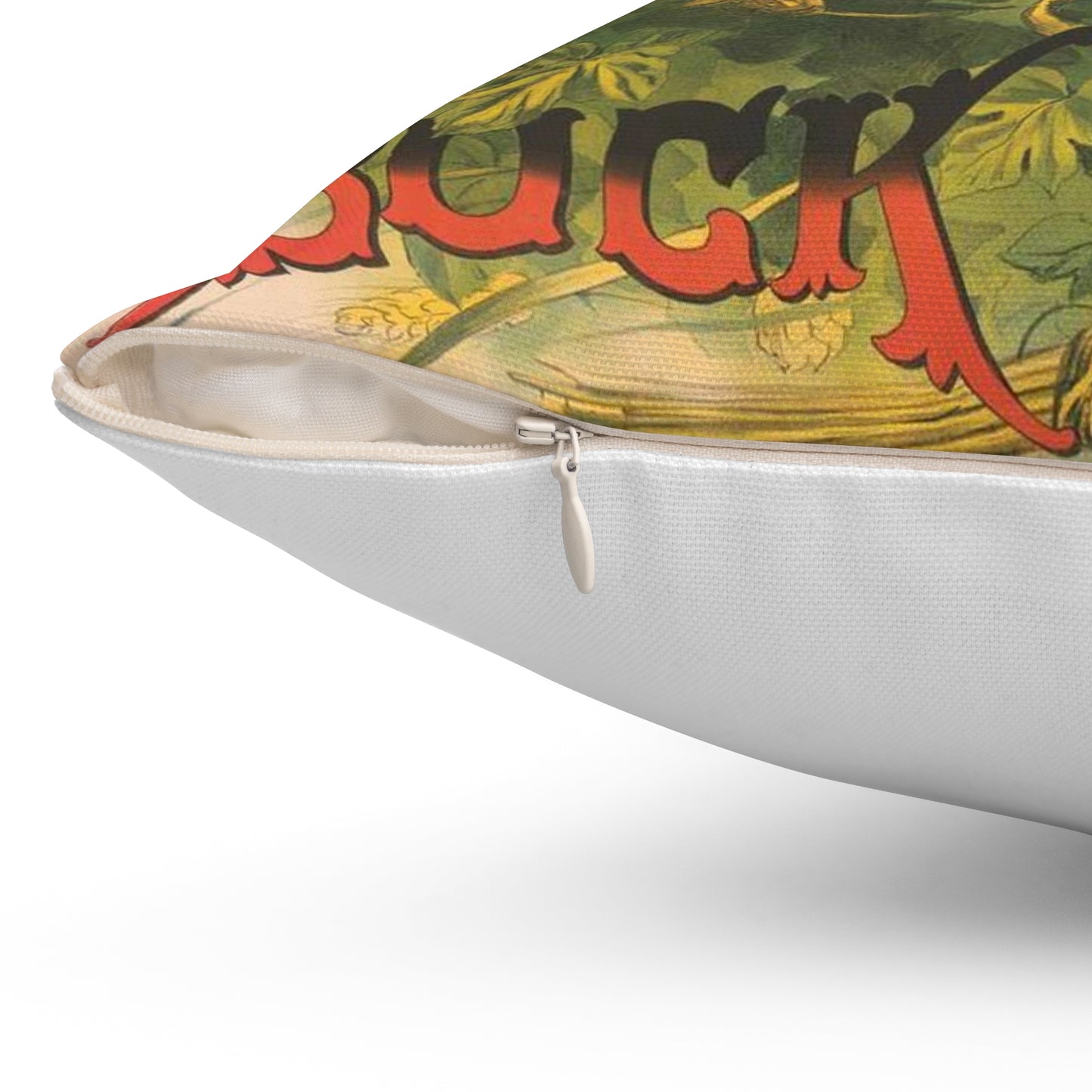 Bock Beer, the head of a goat inside an oval, with a stein of beer sitting on a bed of hops, underneath the oval Decorative Accent Square Pillow
