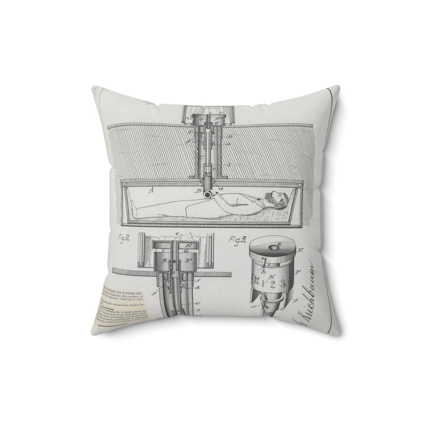 Patent drawing - for J. G. Krichbaum's Device for Indicating Life in Buried Persons Public domain image Decorative Accent Square Pillow