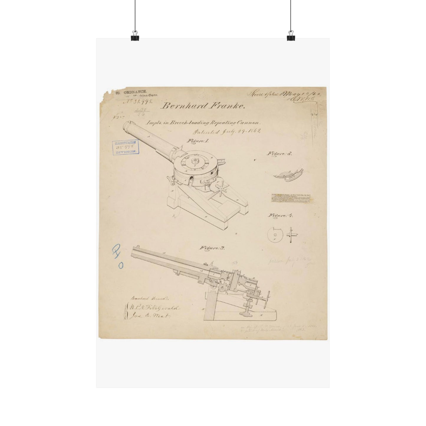 Patent drawing - Drawing of Improvements in Breech-Loading Repeating Cannon Public domain image High Quality Matte Wall Art Poster for Home, Office, Classroom