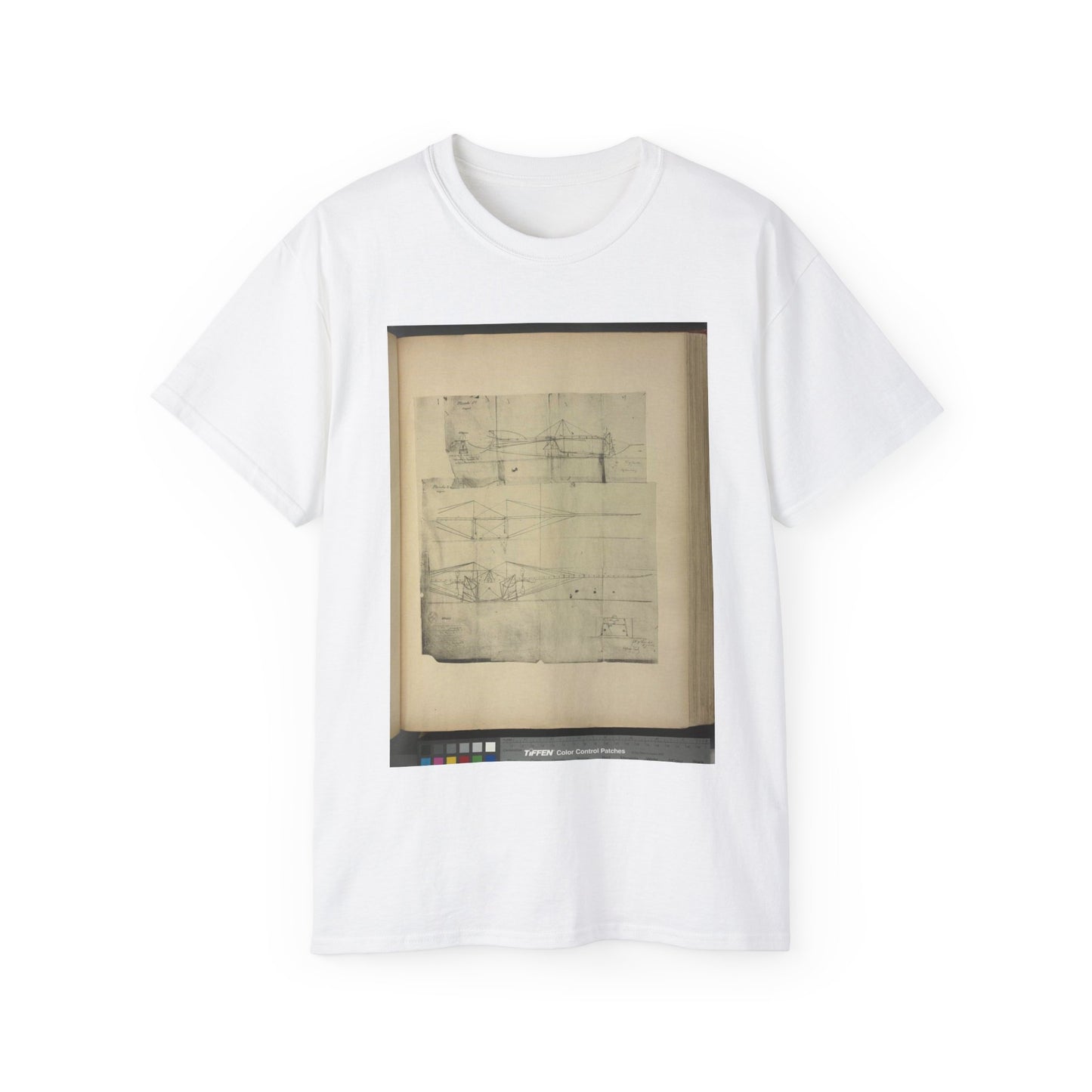 Patent drawing - Planche I et II du brevet n° 111.574 pris en France le 16 février 1876, par Penaud et Gauchot, pour «Un aéro-plane ou appareil aérien volant». Public domain image White T-Shirt Gildan 2000 Cotton Unisex