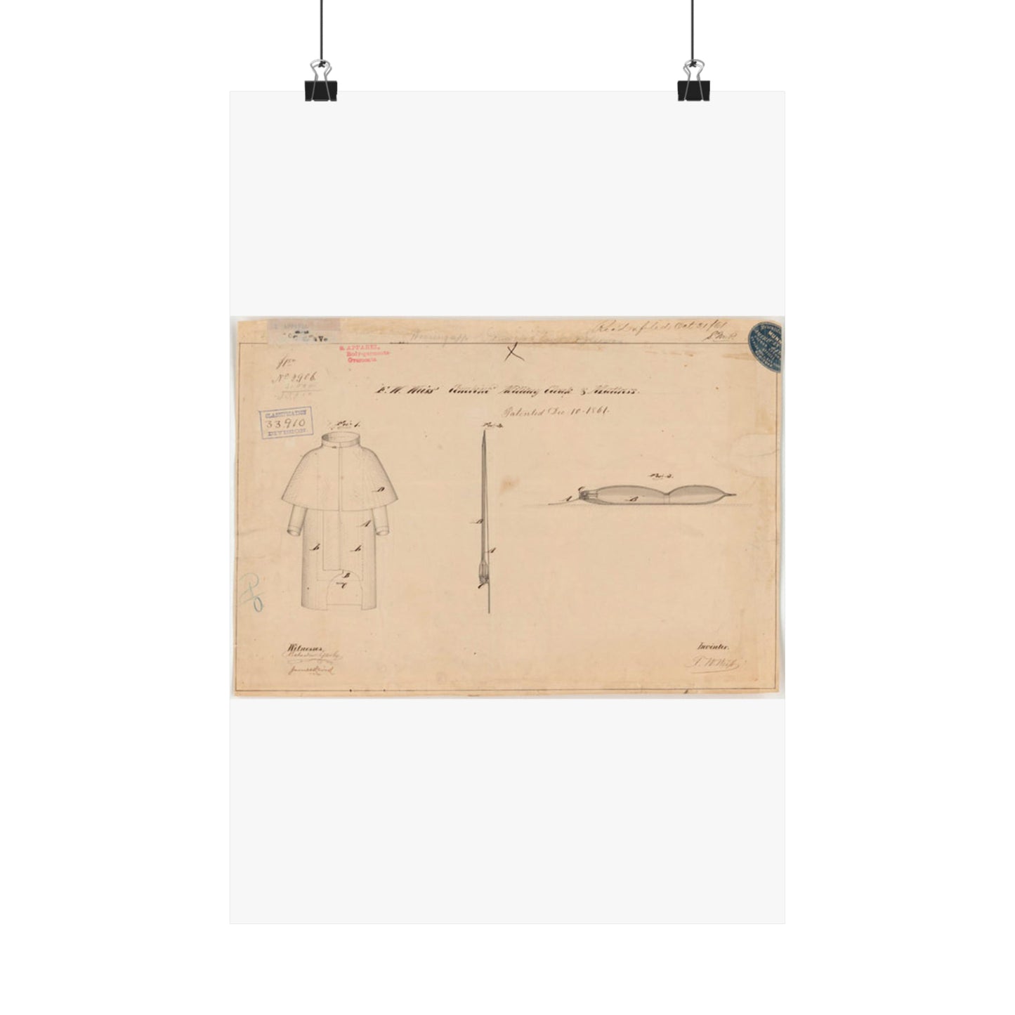 Patent drawing - Drawing of Combined Military Cloak and Mattress Public domain image High Quality Matte Wall Art Poster for Home, Office, Classroom