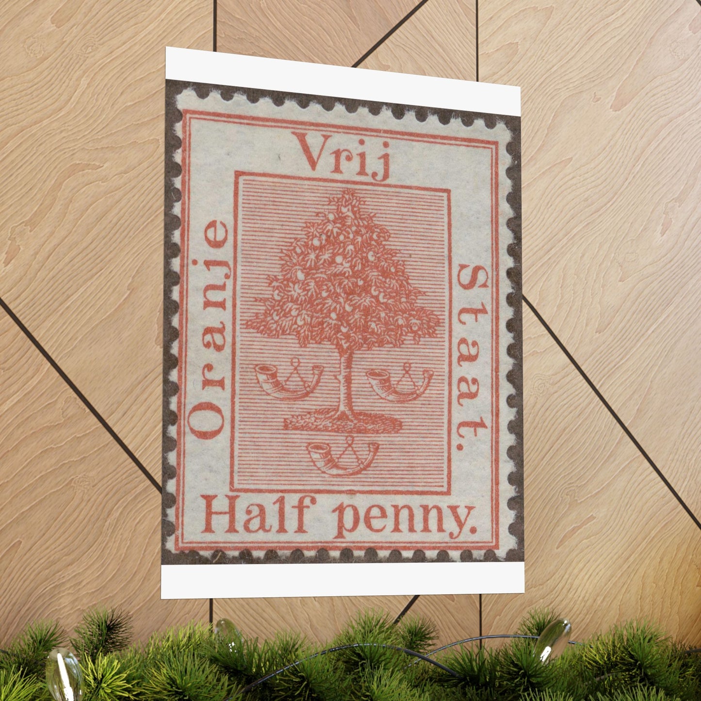 Frimärke ur Gösta Bodmans filatelistiska motivsamling, påbörjad 1950.Frimärke från Oranje -Fristaten. Motiv av apelsinträd med frukter och posthorn. High Quality Matte Wall Art Poster for Home, Office, Classroom