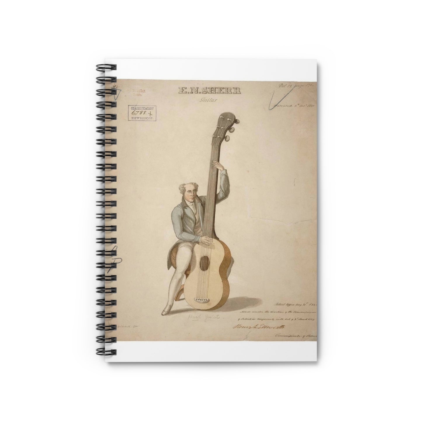 Patent drawing - Drawing of a Harp Guitar Public domain image Spiral Bound Ruled Notebook with Printed Cover
