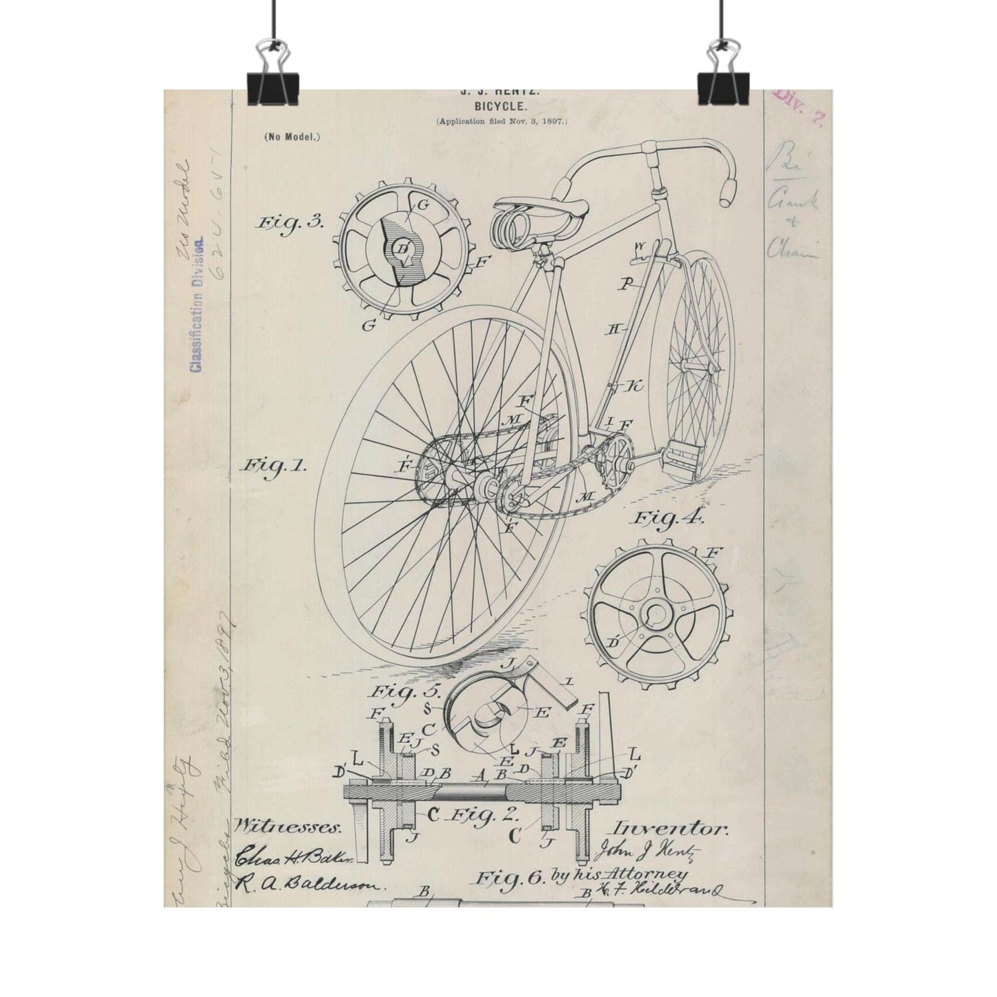 Patent drawing - for J. J. Hentz' Bicycle Public domain image High Quality Matte Wall Art Poster for Home, Office, Classroom