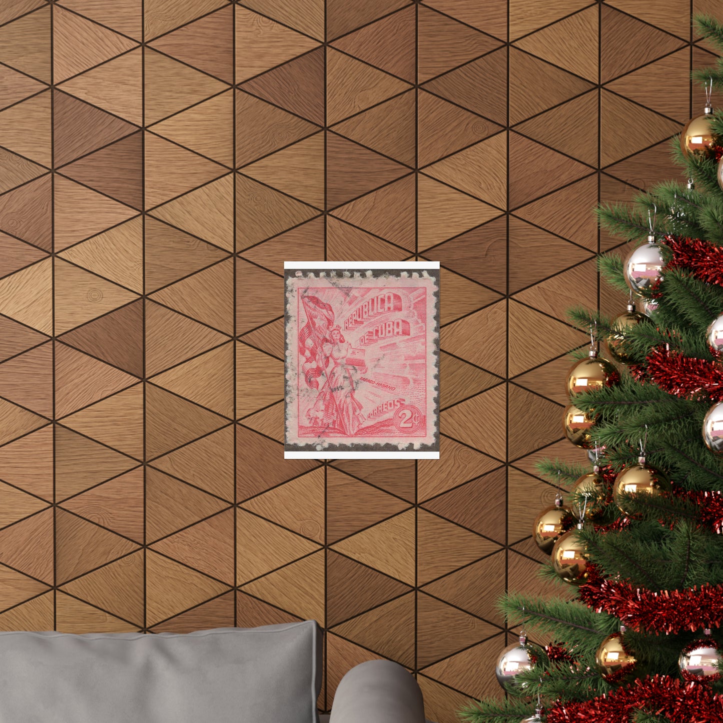Frimärke ur Gösta Bodmans filatelistiska motivsamling, påbörjad 1950.Frimärke från Cuba, 1948. Motiv av kvinnosymbol för friheten med cigrarrlåda och flagga. High Quality Matte Wall Art Poster for Home, Office, Classroom
