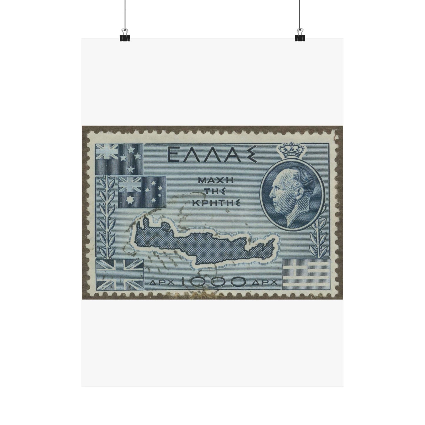 Frimärke ur Gösta Bodmans filatelistiska motivsamling, påbörjad 1950.Frimärke från Grekland, 1950. Motiv av karta över Kreta. "9-årsminne av slaget vid Kreta 1941". High Quality Matte Wall Art Poster for Home, Office, Classroom