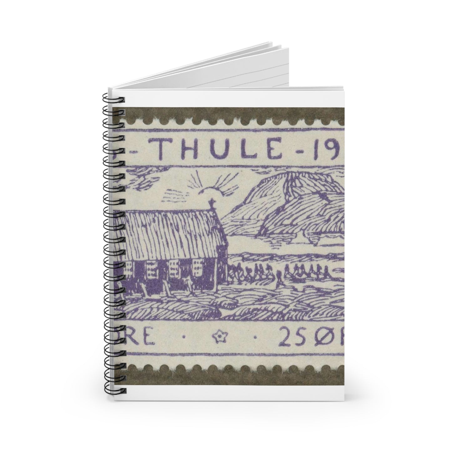 Frimärke ur Gösta Bodmans filatelistiska motivsamling, påbörjad 1950.Motiv av byggnad i Thule-kolonien, Nordvästra Grönlamd, 1936. Spiral Bound Ruled Notebook with Printed Cover