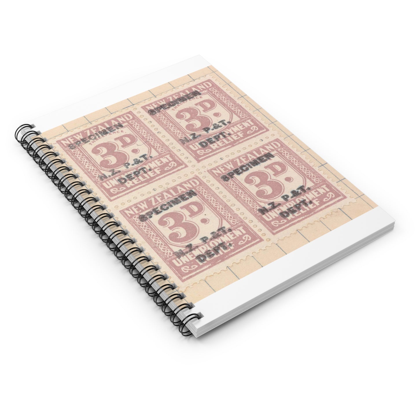 Block of three penny Unemployment Relief stamps overprinted 'Specimen' Spiral Bound Ruled Notebook with Printed Cover