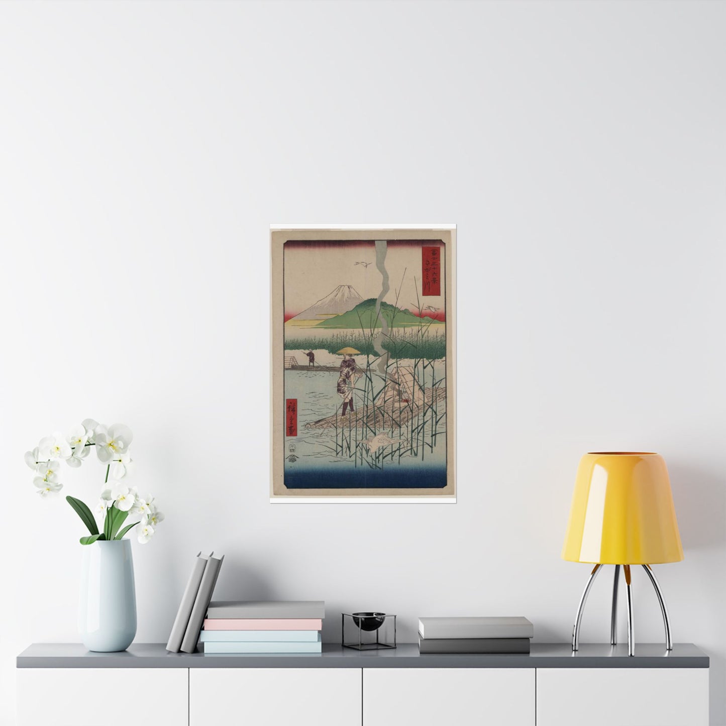 18 - The Sagami River - A painting of a man standing on a boat in a body of water High Quality Matte Wall Art Poster for Home, Office, Classroom